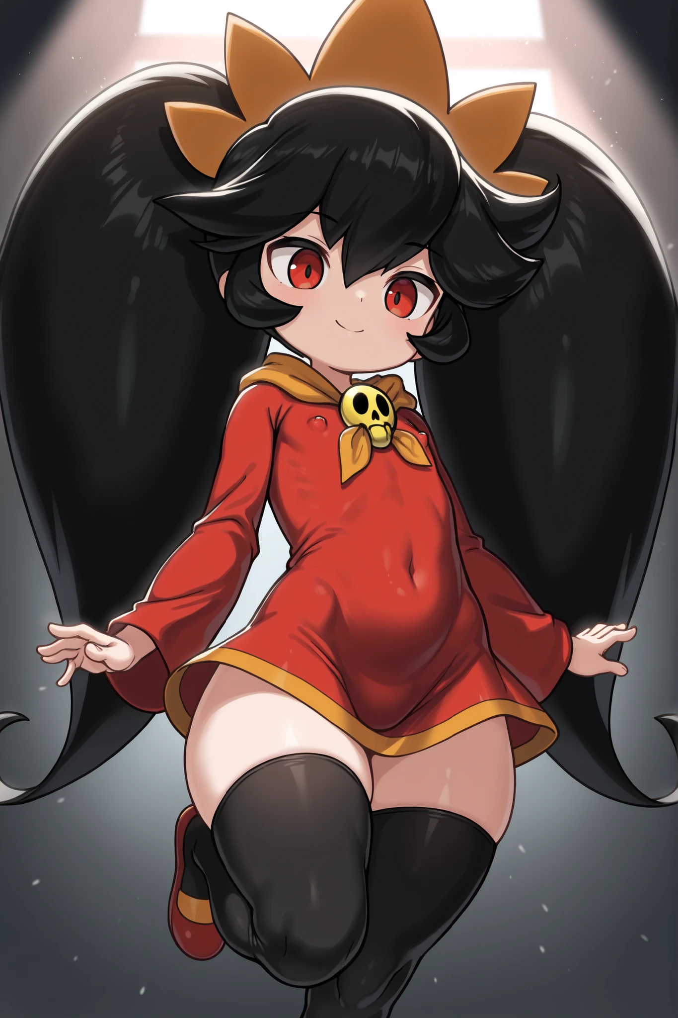 score_9, score_8_up, score_7_up, score_6_up,high quality, intricate details, amazing quality, masterpiece,uhd,dramatic effect, masterpiece, pokemon style, best quality, beautiful face, beautiful eyes, very aesthetic, absurdres, detailed face, detailed background, perfect lighting, (18 yo), (petite body:1.5), (flat chest:1.5), ashley, warioware, red eyes, black hair, twintails, hair ornament, red dress, red footwear, black thigh highs,cute ,mini skirt,zettai ryouiki,((covered large thick nipples)),cute smile,ｌｏｌｉ face,young smile,((thick thighs))