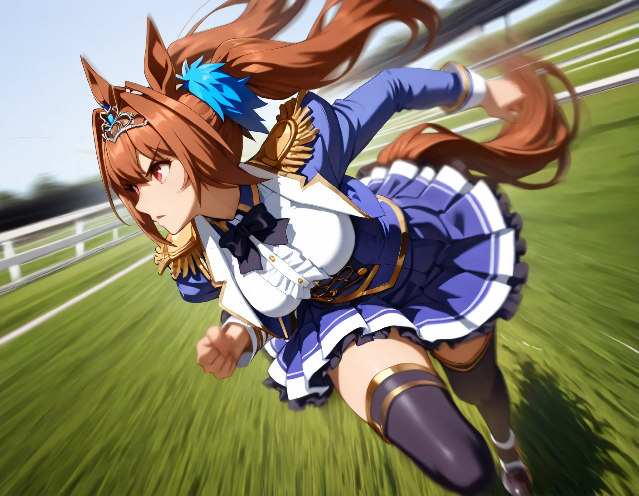 (best quality, highest quality:1.2), masterpiece, top quality, ultra high definition, rich contrasts, HD, 8k, High Definition CG Unit Wallpaper, texture , Unbelievably Absurd, ultra high definition, RAW photos, Deep border:1.2, very detailed, ((dynamic pose, motionblur, some background blur, the anime girl is running, intoxicatingly blurry)),
daiwadef, twintails, tiara, horse ears, underbust, center frills, red eyes, bowtie, epaulettes, long sleeves, skirt, thighhighs, horse tail, ((grass horse race tracks)),