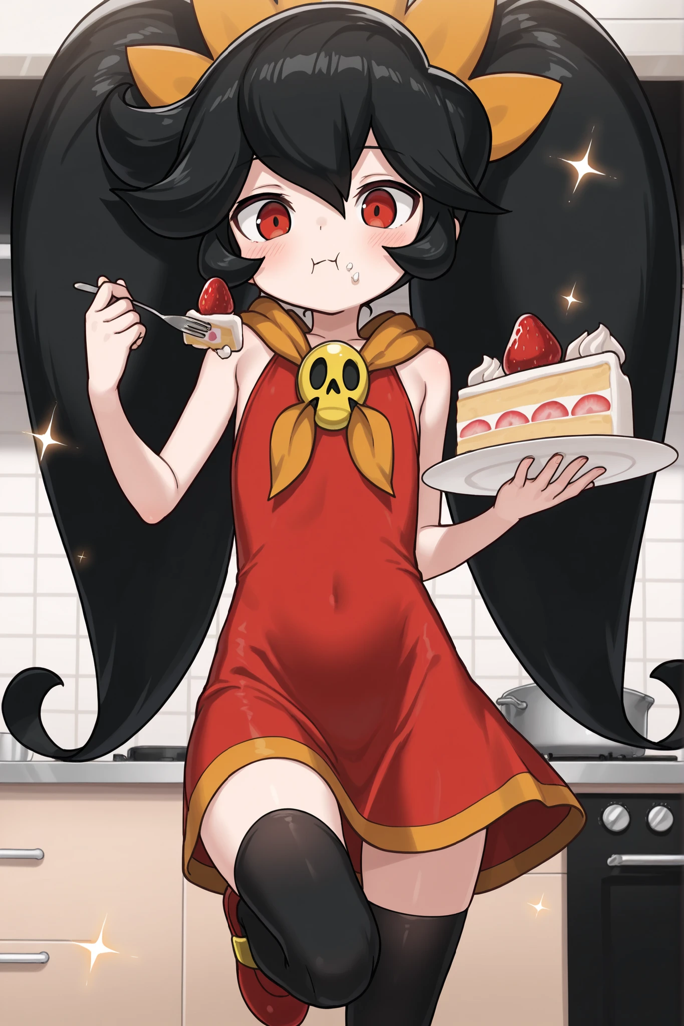 score_9, score_8_up, score_7_up, score_6_up,high quality, intricate details, amazing quality, masterpiece,uhd,dramatic effect, masterpiece, pokemon style, best quality, beautiful face, beautiful eyes, very aesthetic, absurdres, detailed face, detailed background, perfect lighting, (18 yo), (petite body:1.5), (flat chest:1.5), ashley, warioware, red eyes, black hair, twintails, hair ornament, red dress, red footwear, black thigh highs, eating cake, cute expression, strawberry cake, kitchen, flying, magical, flying spell, 