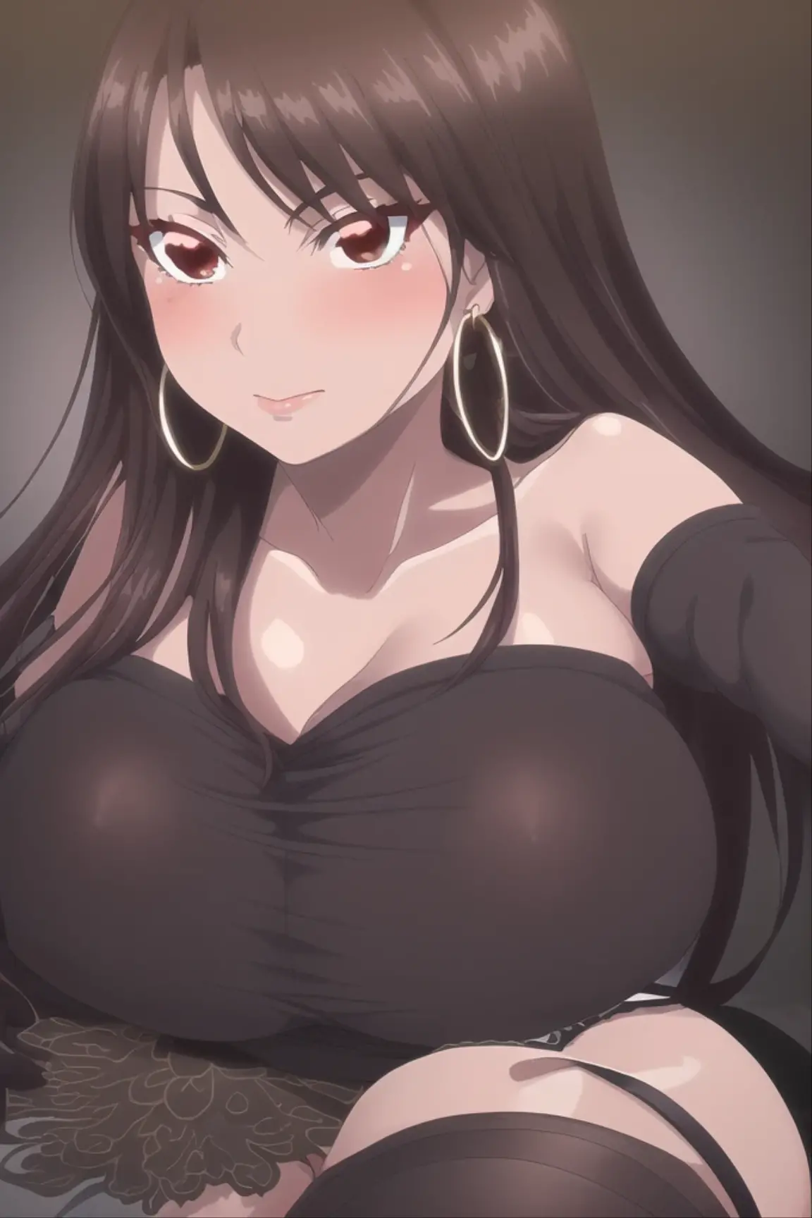 1girl, Long Hair, Black Hair, Earrings, Hair Clip, Multiple Views, Large breasts, Makeup, Heterochromia, Light Blush, Saliva Trail, Moaning, Anime, Masterpiece, Drooling, Rape Face,