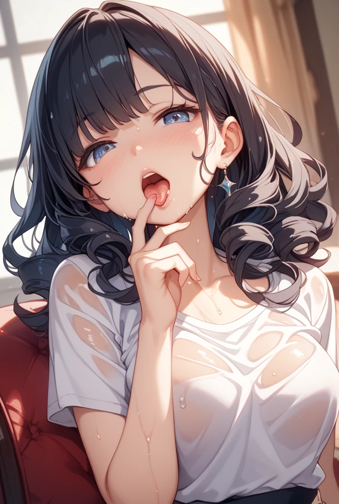 Sitting on a black sofa,looking ahead,from above,???????,side view,face focus,open mouth,tongue out,??? on tongue,Licking a white ?????,(1girl,Beautiful 14 year old girl),((Slender,Small ???????,Baby Face,Small face,)),looking at viewer,Black Hair,bangs,two side up,Gray Eyes,Drooping eyes,slit pupils,narrow eyes,White sweater,???? shoulder,Denim mini skirt,Beautiful and detailed anime art,Mischievous smile,Dimly lit room,Simple Background,Gray background,Low lighting