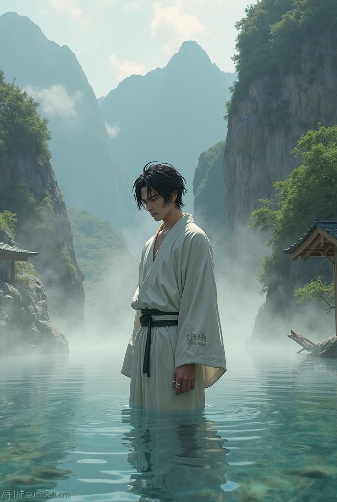 (1boy solo standing under a waterfall), wet, (facing down), wearing a white kimono that is wet and sheer (pure white robe:1.1), (black hair), (eyes lightly closed:1.1), handsome face, detailed face, 18-year-old male, (masterpiece best quality:1.2) photo realistic image ultra-detailed, (waterfall) outdoors, sacred spot, splash, rocks, (waterfall sparkle in the sunlight), detailed background