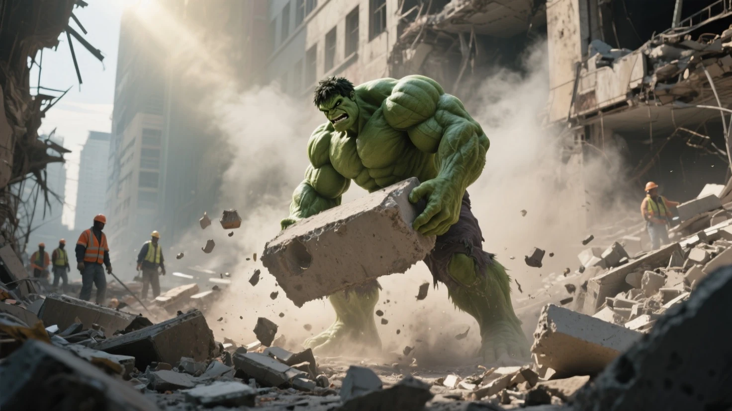 Hulk with number 18 tattooed on his chest, destroying orange rocket in half with number 70,  with Thor crying on the floor lying down