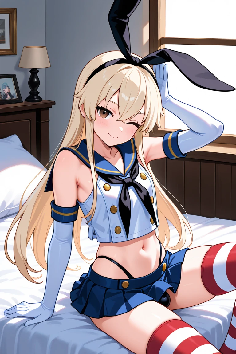 {Safety:1.10}, highest quality, masterpiece, High resolution, alone, {shimakaze_Fleet Collection:0.90}, ((whole body、Sexy pose、On the bed、Spread your legs))