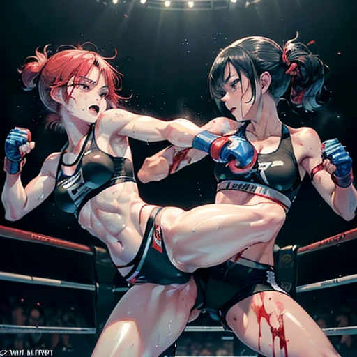 Two injured Japanese female heavyweight kickboxers boxing hard in the ring。Dynamic punch exchange。Murderous intent。Very intense battle。Sweating a lot。One eye closed, out of breath。Drooling。Boxing gloves。Erect nippleuscular。Six Pack Abs。Very thick arms and thighs。Super big breasts。Sports Grains。High leg shorts。Kini。