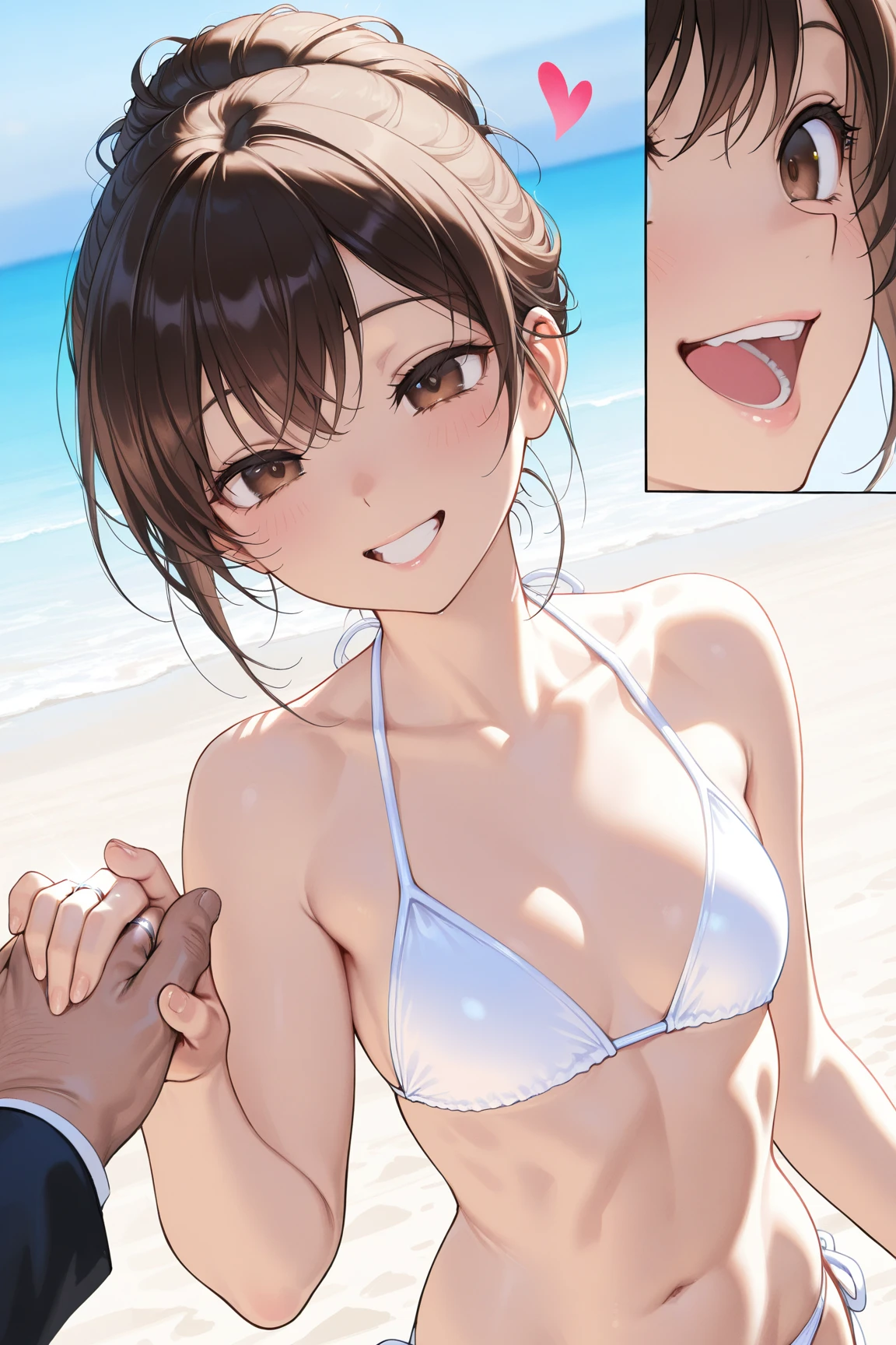 NSFW,Aarinko、short hair、Black Hair、Bobcut、(Micro Bikini:1.5),Embarrassed,blush,(Being sexually aroused:1.5),(Perfect hands),(Perfect Anatomy),(masterpiece),(highest quality),Looking up,beach,Palm tree,Rock Shade,(Blowjob:1.5)
