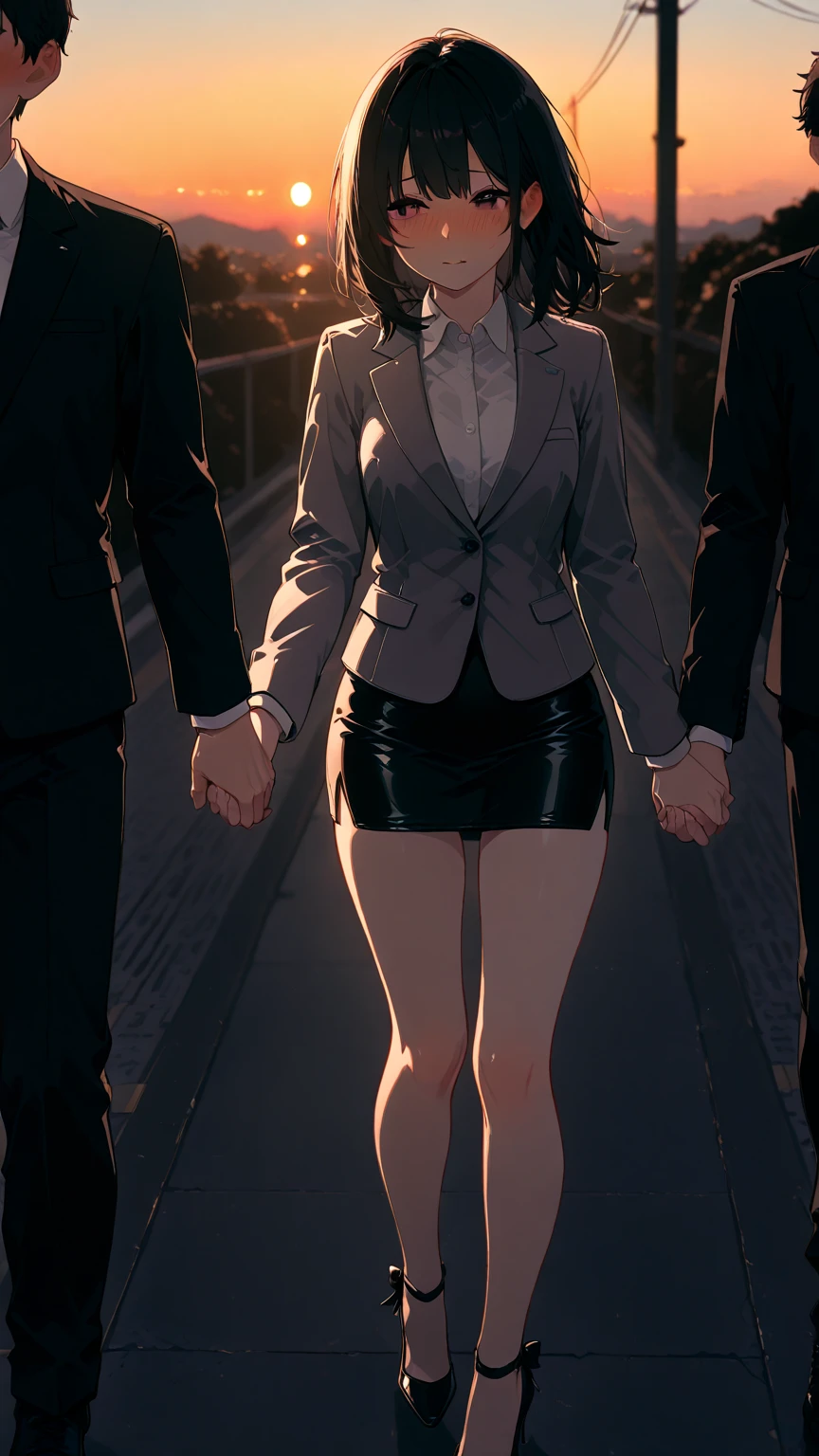 A man and a woman with their backs to a wall in the middle