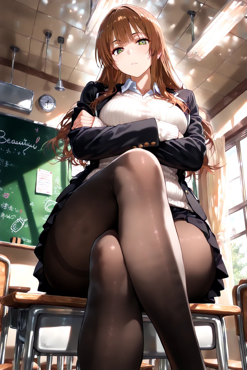 ((masterpiece)), ((Highest quality)), ((Very detailed)), One girl, Long Hair, classroom, Feet Focus, Sit on a chair, Big Breasts, plump, blazer, skirt, pantyhose, panties under pantyhose, Wicked Smile, Looking at the audience, From below, (Turn the soles of your feet to the viewer:1.3), Steaming body, Sweat, (Sweaty feet:1.2), Lift your legs