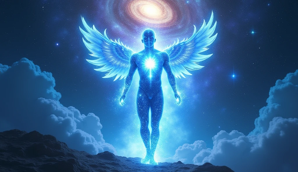 A male figure, glowing white and translucent, stands with arms outstretched. He has a similar energy radiating around him as the female figure in the original image, with lines of light extending like wings and a shimmering aura. His features are less defined, obscured by the bright light, but he has a masculine build. The background remains a dark blue, filled with digital static and distortion.]