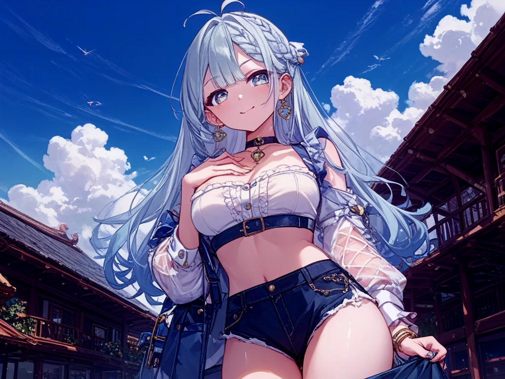 (((18yr old, only 1 girl, Chica anime: (Ropa corta estilo colegial, face symmetrical, color de cabello variable, Cola de caballo, purple eyes, Personalidad: seductora profesional), Magical Circle, fuego azul, llamas azules, papel tapiz, paisaje, sangre, salpicaduras de sangre, profundidad de campo, noche, light particles, rayos de luz, Rear side lighting, muslos, destino \(serie\), Impacto Genshin, chaqueta abierta, mini falda ultra corta, muslos altos, nube, Image captured with the Canon EOS 50mm professional camera)))
