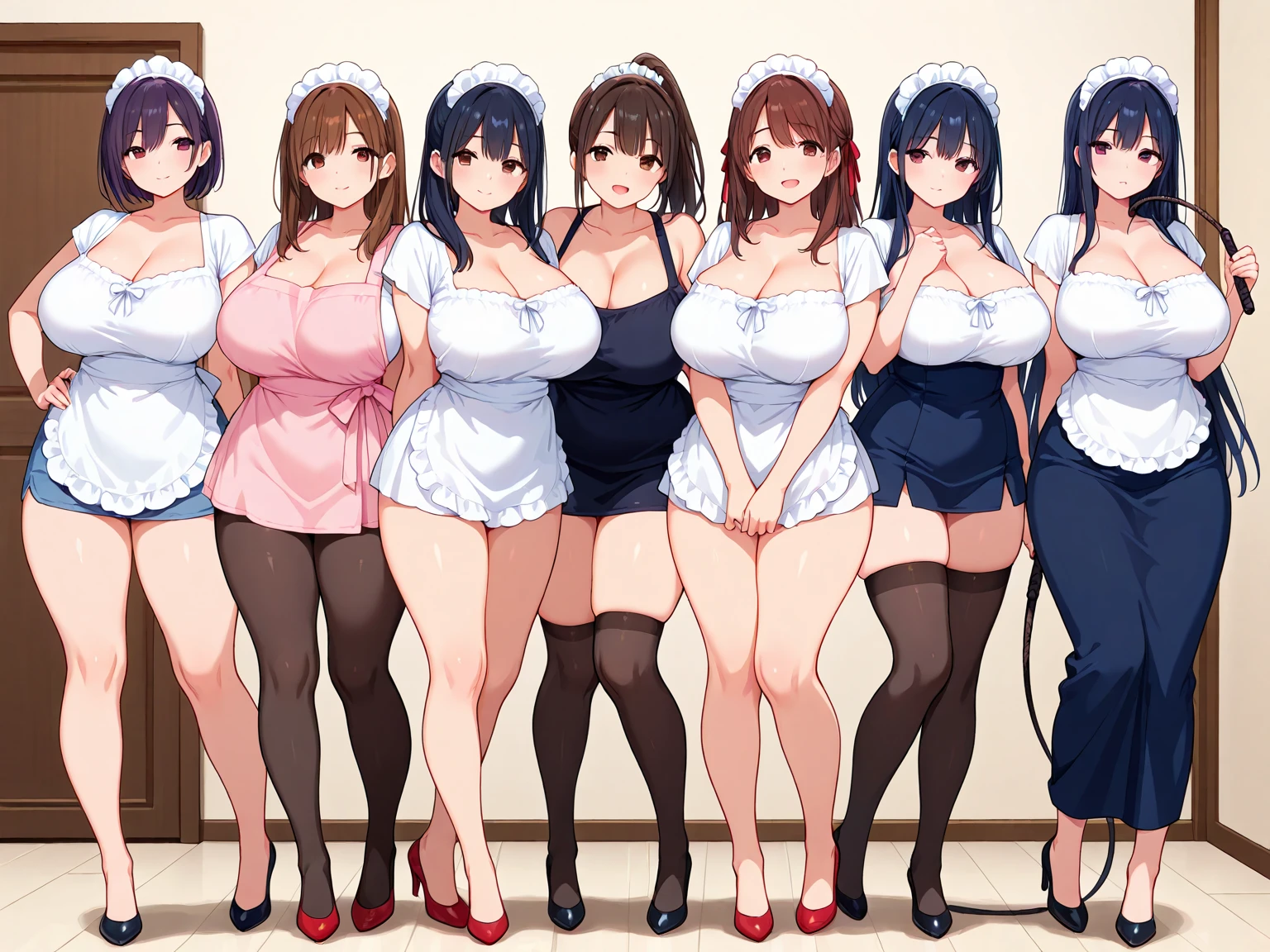 three women in school uniforms stand in a hallway, ecchi anime style, ecchi, anime girls, oppai, ecchi style, oppai proportions, large thighs, thighs!!!, kantai collection style, (sfw) safe for work, big breasts!, anime maid  ss military, high school girls, beautiful anime high school girl, anime maids riding early tanks