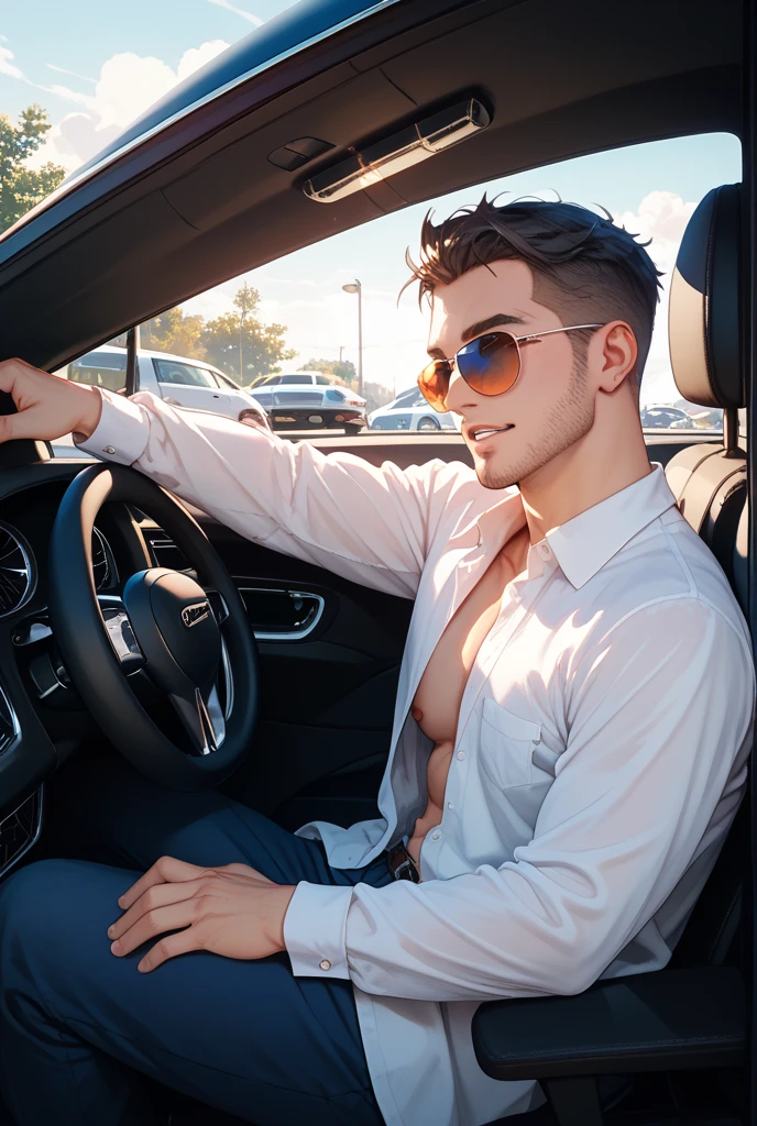 crie o Vinnie Hacker sem camisa, suado e sentado em um carro