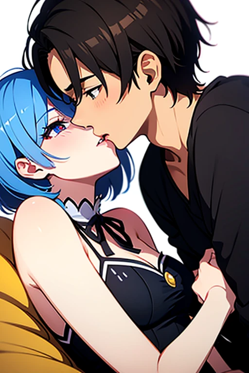 2 people、Lesbian、Blue Hair、Black Hair、Ponytail or bob、blush、kiss with tongue、Lie down
