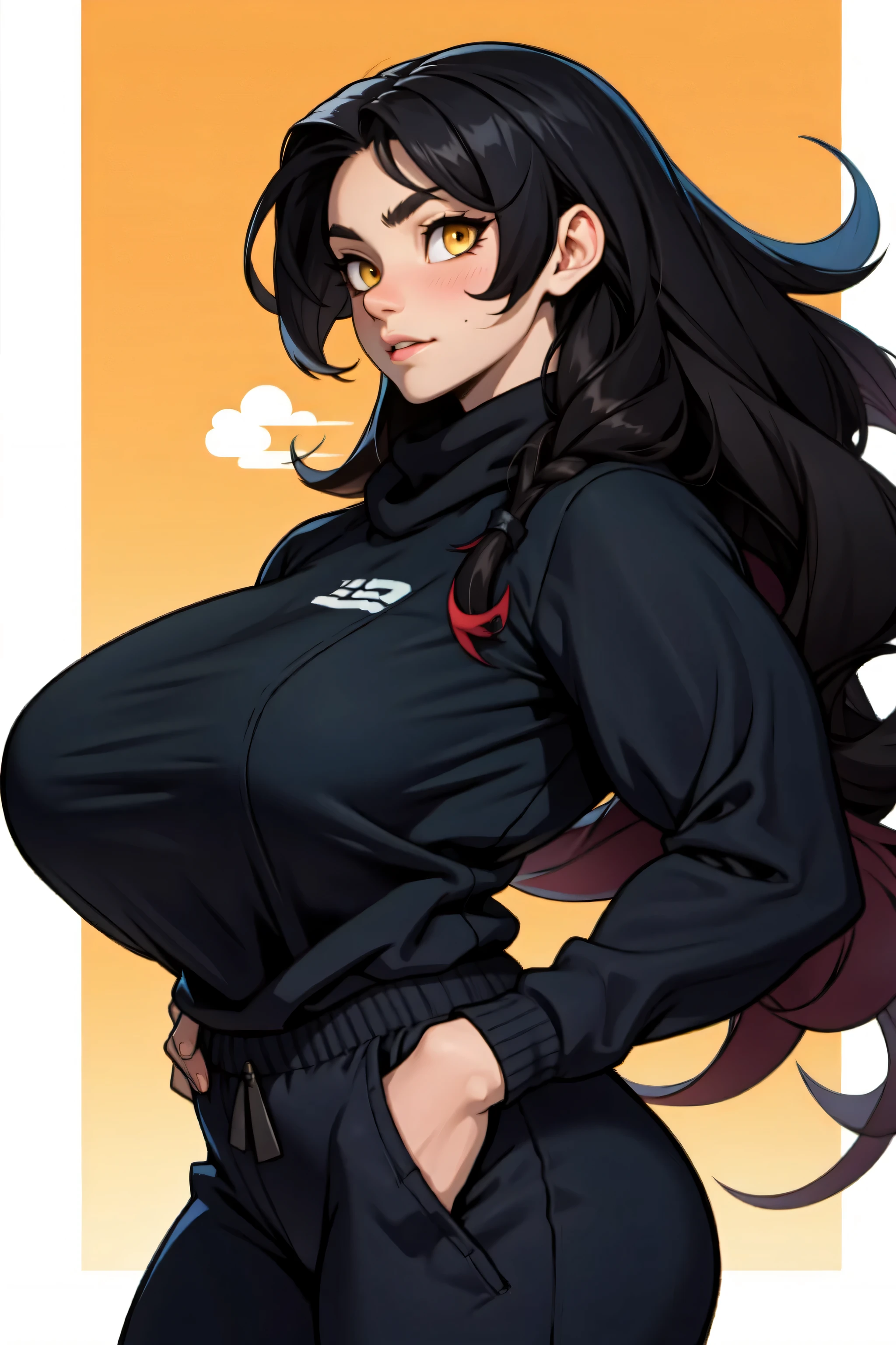 1girl solo black hair yellow eyes very long hair pale skin muscular muscular muscular muscular toned body huge muscles thick thighs girl tight clothes angry blushing messy hair tight shirt long sleeves thick thick thick thick (gradient hair gradient hair gradient hair gradient hair gradient hair gradient hair) (gradient hair gradient hair gradient hair gradient hair gradient hair gradient hair)