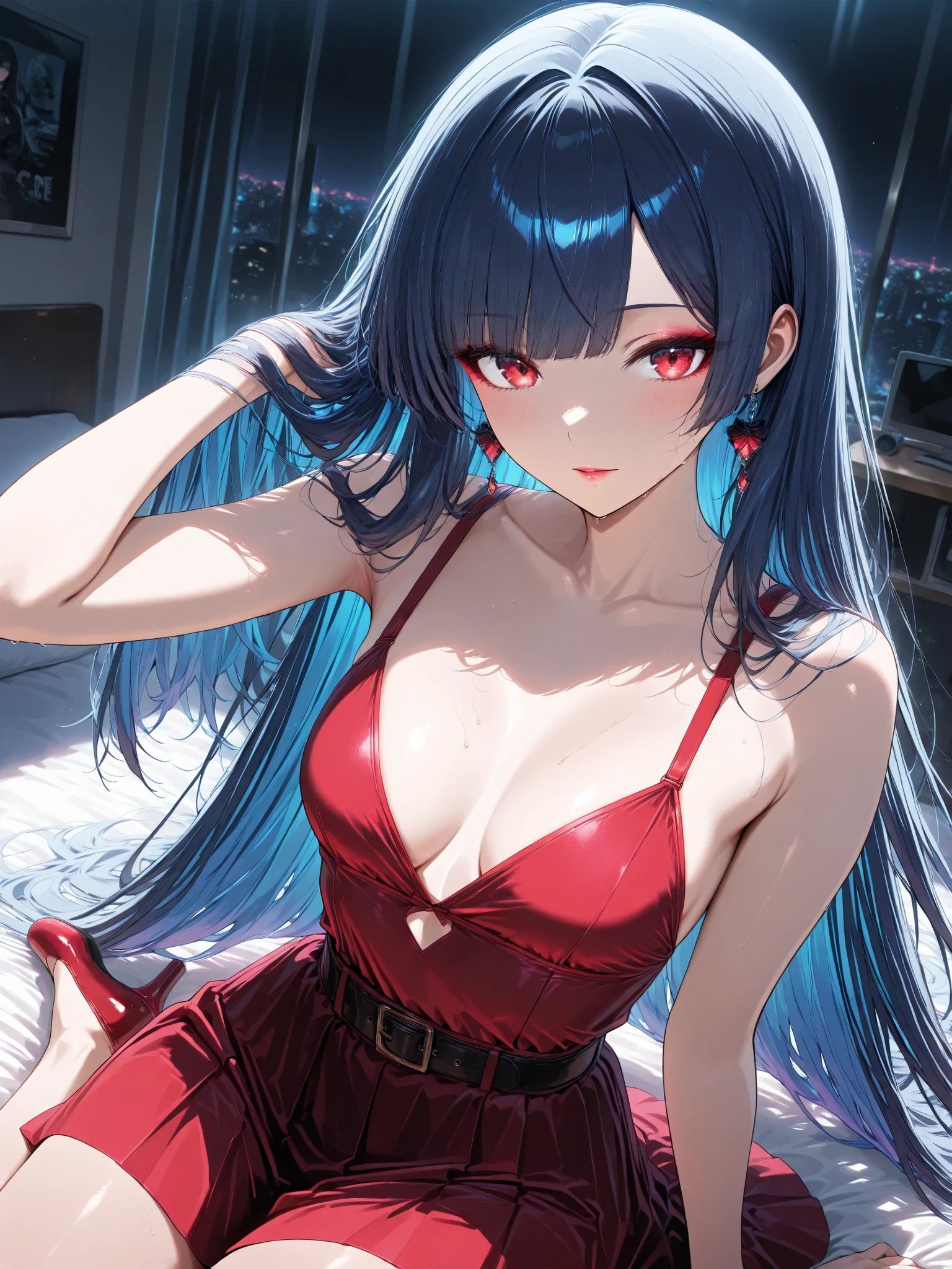 ((Masterpiece, Best Quality)), St. Louis \(Luxury Wheels) \(Azure Lane), High resolution, highest quality, illustration, cinematic light, super detailed, detailed face, (detailed eyes), best quality, ultra detailed, masterpiece, (detailed face), room, hair accessory, earrings, necklace, portrait, silver dress, revealing clothes, highest detail, glowing eyes, (hotel:1.2), sitting on bed, sitting, bed, window, night sky, backlight, light, (high contrast), (color), bare