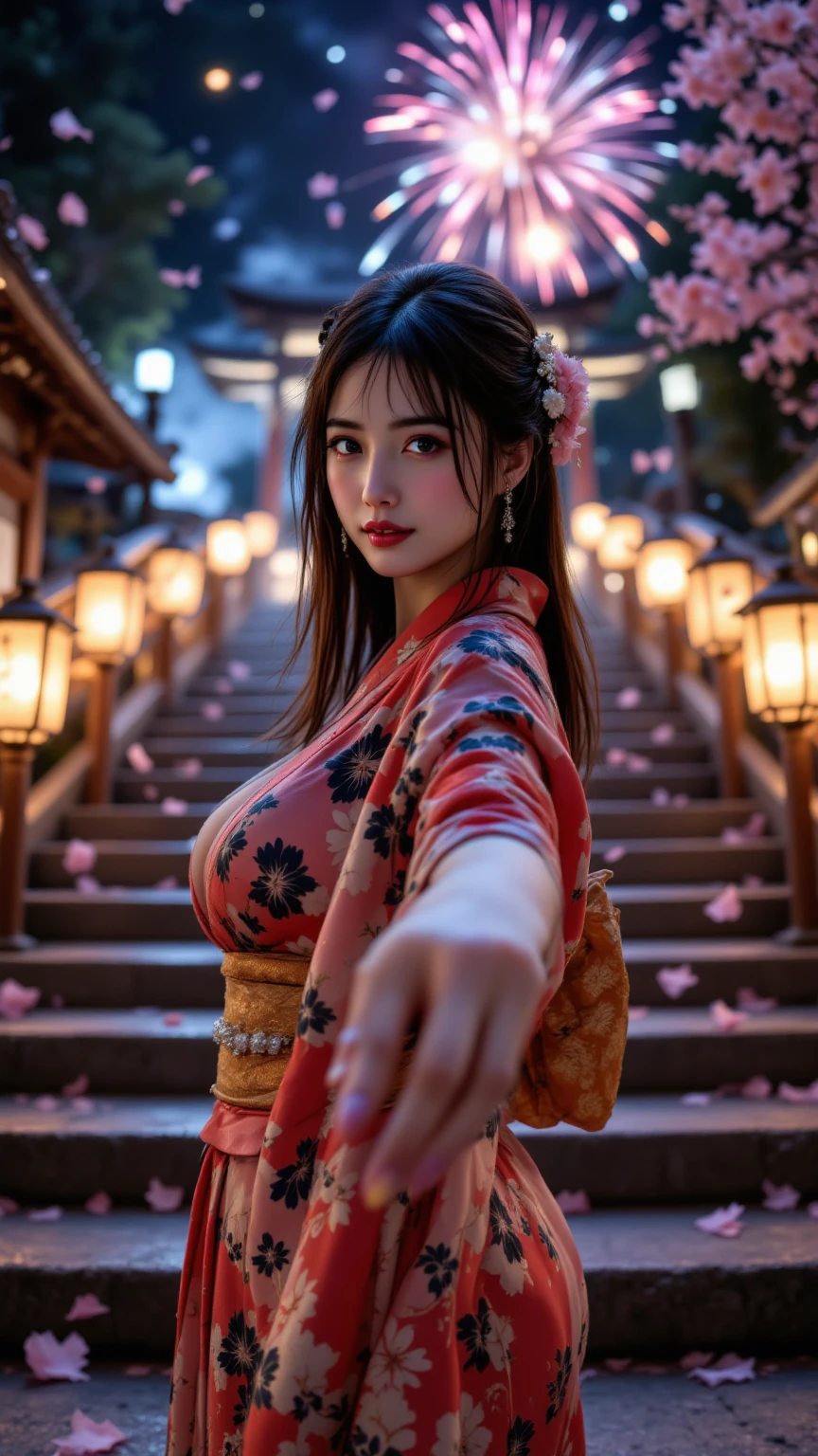 masterpiece, best quality, (realistic,photo-realistic:1.4), (RAW photo:1.2), extremely detailed CG unity 8k wallpaper, delicate and beautiful, amazing,finely detail, official art, absurdres, incredibly absurdres, huge filesize, ultra-detailed,extremely detailed eyes and face,light on face,little smile,(caramel hair:1.4),asuna yuuki,night,(wearing kimono:1.4),city