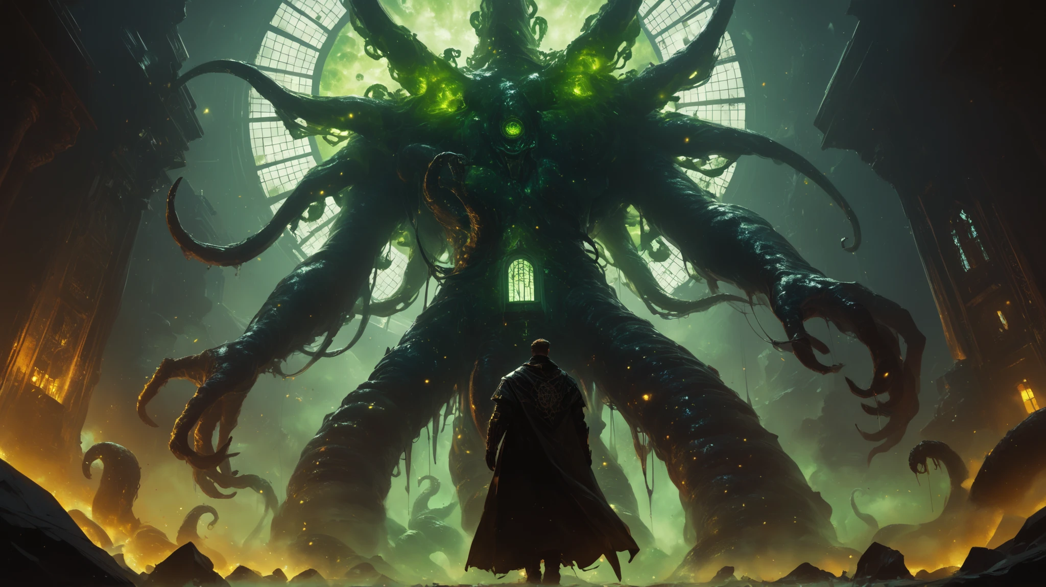 A gigantic floating cubic structure with dark , twisted tentacles , who radiates an intense green light from the circular patterns and illuminated eyes embedded in their faces. The scene has a dark and futuristic atmosphere ., with yellowish green lighting that envelops the entire space , full of geometric shapes and blocks suspended in the air . Two human figures look as if tiny in front of this monstrous entity ., highlighting its colossal scale . The atmosphere is oppressive and mysterious ., If the place were a prison or a temple of some cosmic deity . The style is a combination of science fiction and cosmic horror , with intricate details and a sense of alien grandeur .