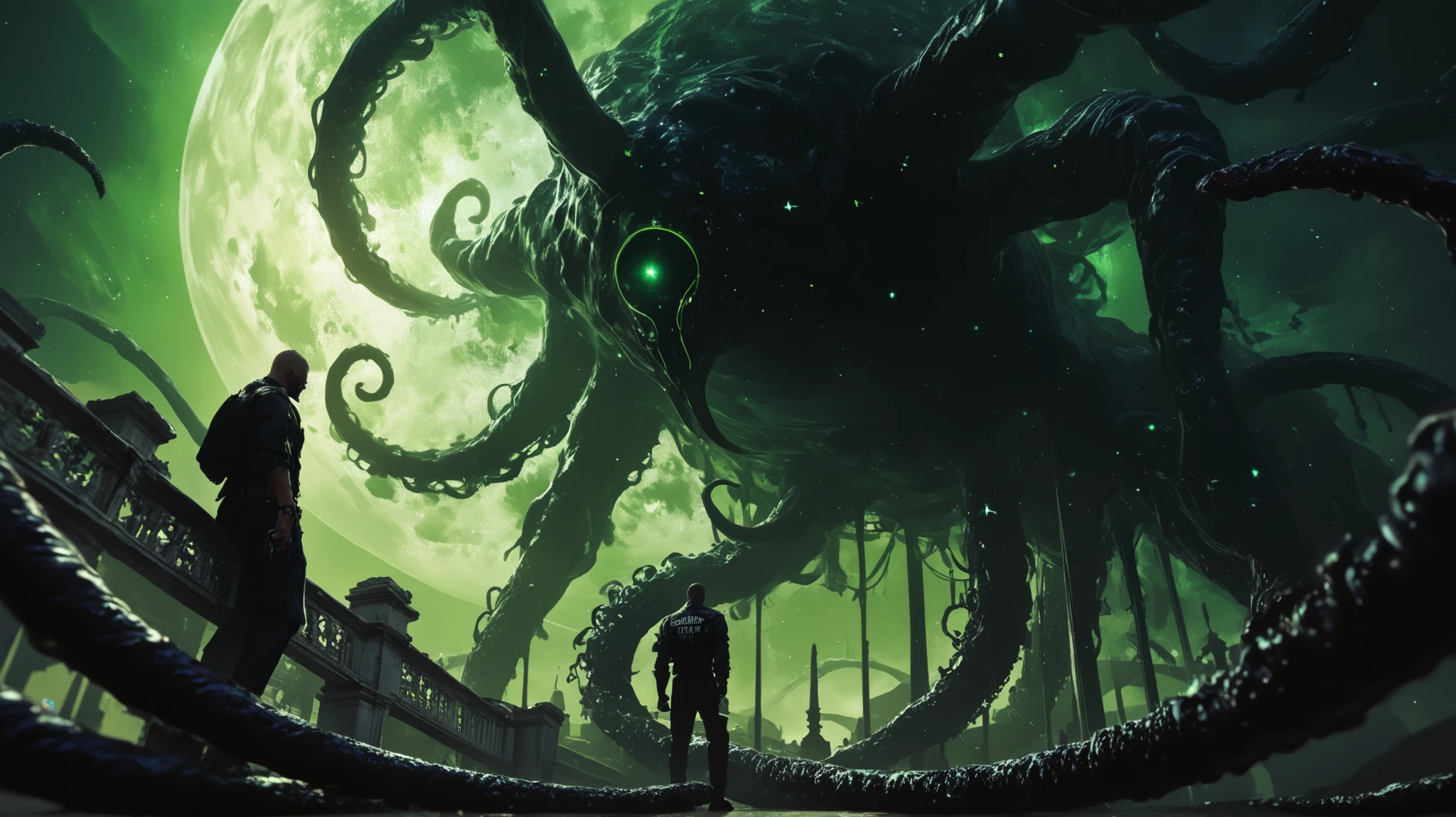 A gigantic floating cubic structure with dark , twisted tentacles , who radiates an intense green light from the circular patterns and illuminated eyes embedded in their faces. The scene has a dark and futuristic atmosphere ., with yellowish green lighting that envelops the entire space , full of geometric shapes and blocks suspended in the air . Two human figures look as if tiny in front of this monstrous entity ., highlighting its colossal scale . The atmosphere is oppressive and mysterious ., If the place were a prison or a temple of some cosmic deity . The style is a combination of science fiction and cosmic horror , with intricate details and a sense of alien grandeur .