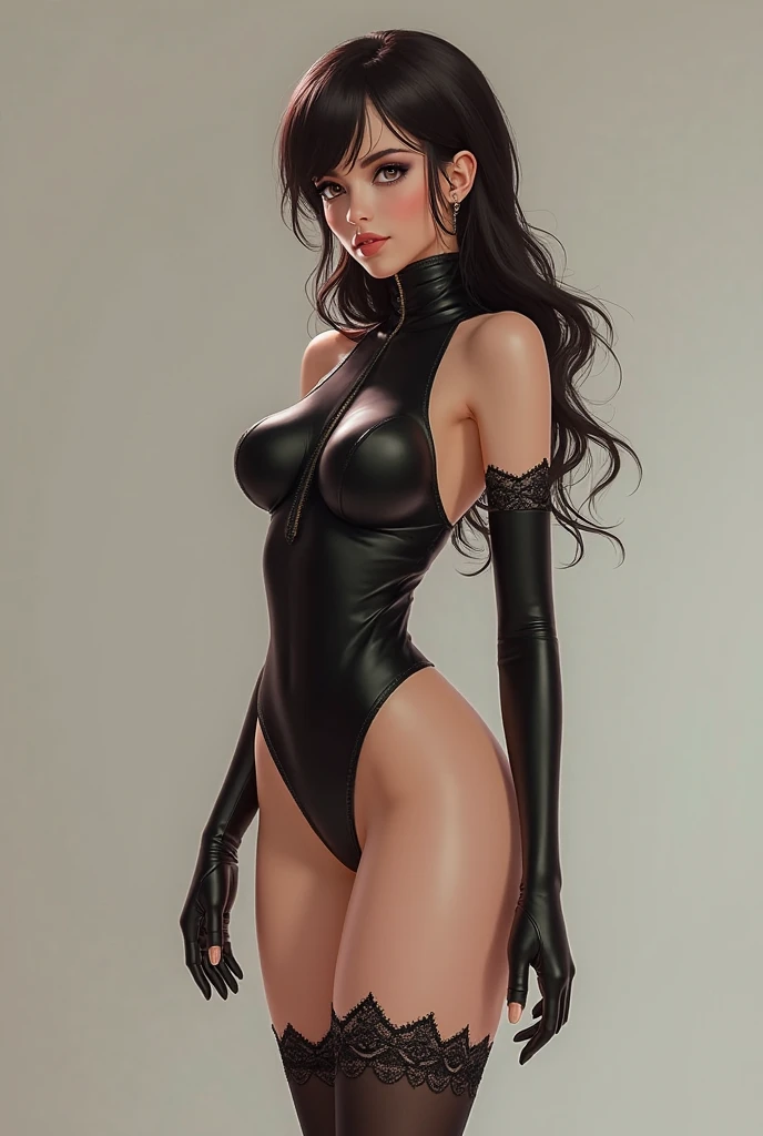 Woman in soldiers uniform, black short gloves, brown eyes, long black hair, Evel smile, cleavage, hot girl, arms lifted up behind the Head, open legs, full body, first-person view, wide shot, wide-angle, masterpiece, high details, best quality, HD, realism, Nikon, sittinig on a American tank.