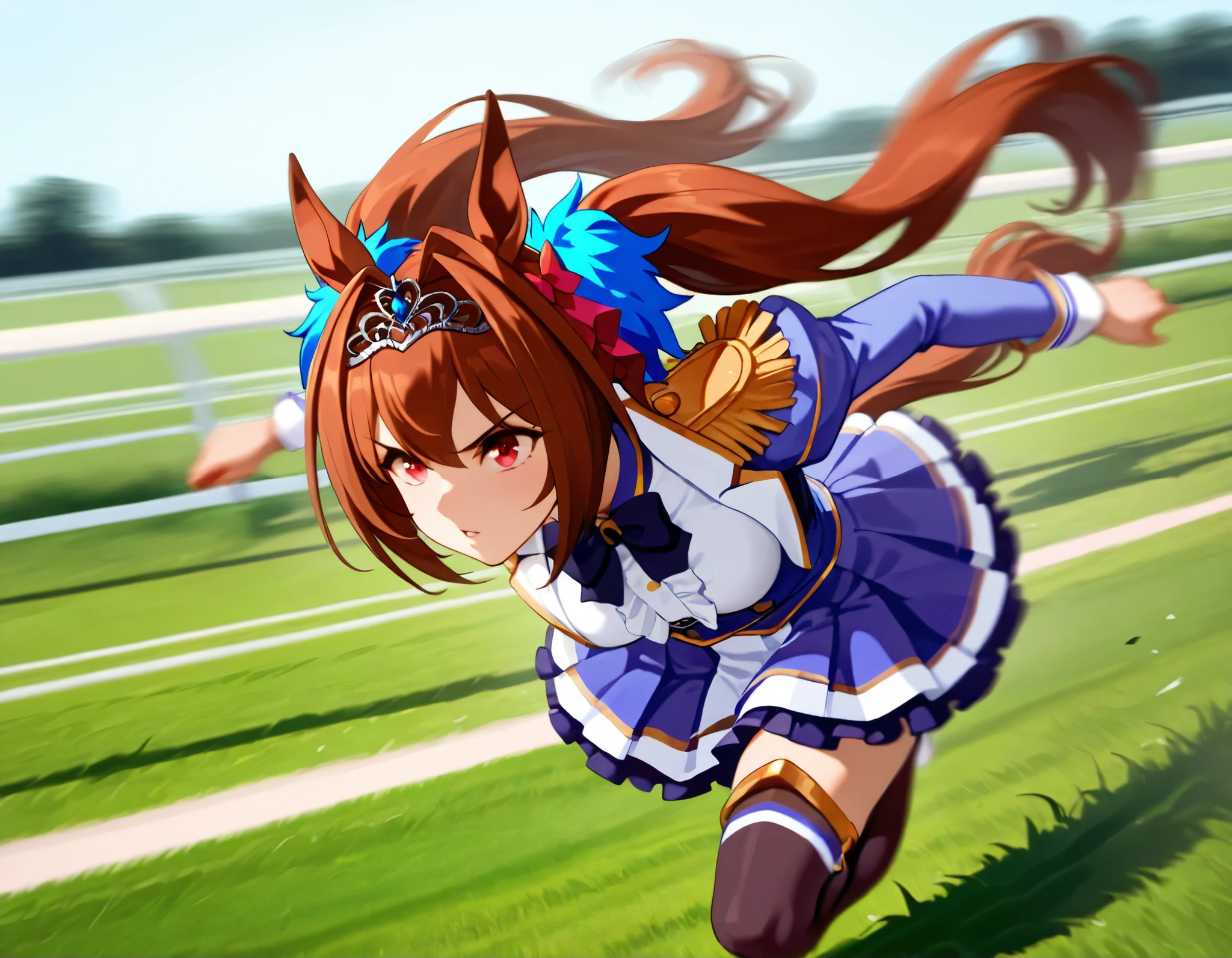 , Highest Quality, very high resolution, ((dynamic pose, motionblur, some background blur, the anime girl is running, intoxicatingly blurry)),
daiwadef, twintails, tiara, horse ears, underbust, center frills, red eyes, bowtie, epaulettes, long sleeves, skirt, thighhighs, horse tail, ((grass horse race tracks)),