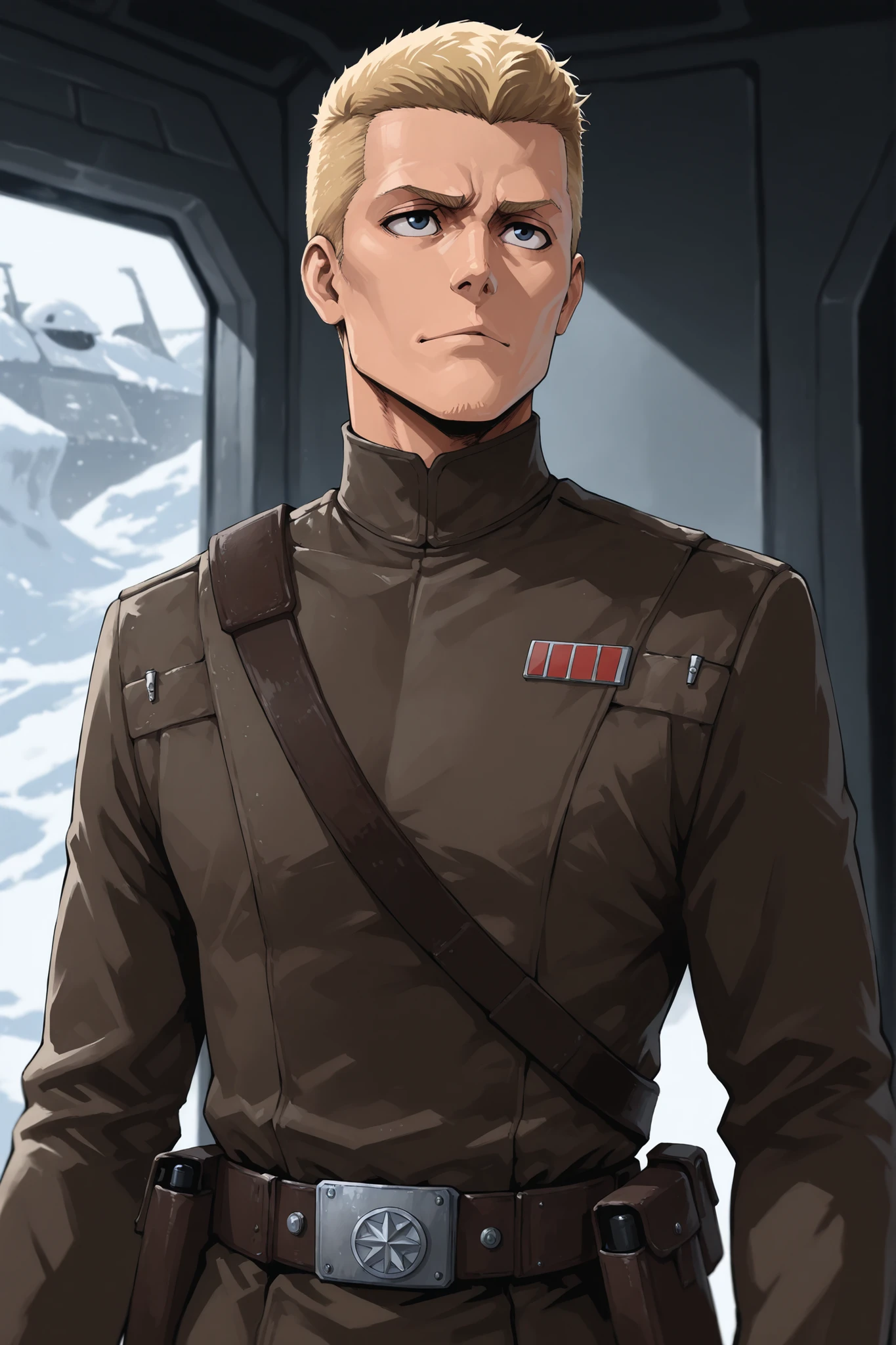 Masterpiece, character, Star Wars, square jaw, cleft chin, blonde hair, crew cut, Imperial Officer uniform, utility belt, upper body shot, Bleach art style,