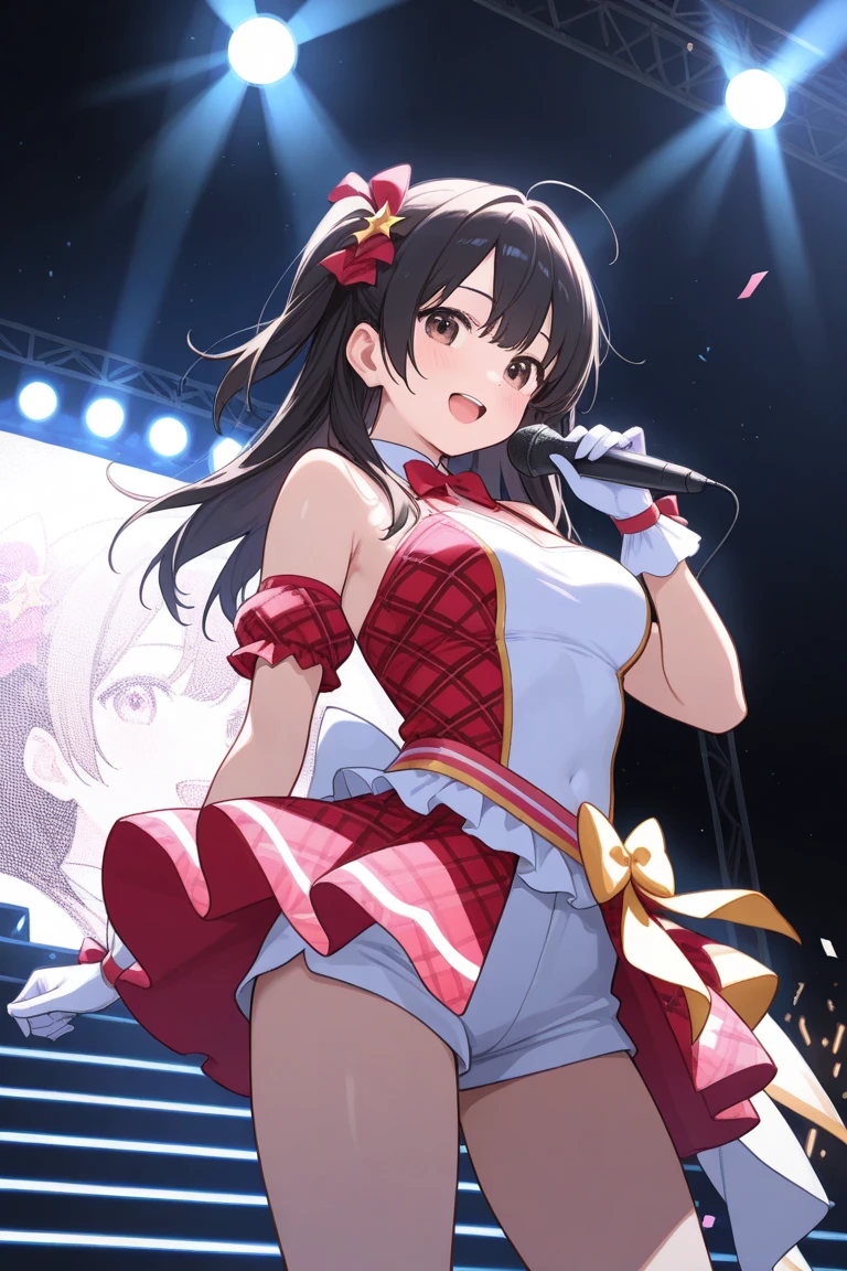 Chibi girl performing on stage、Dressed in a cute fruit costume、action、Jump、Take a photo from the side