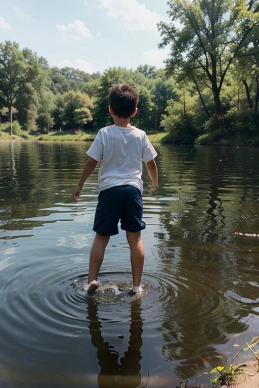 An little boy stradle on the water