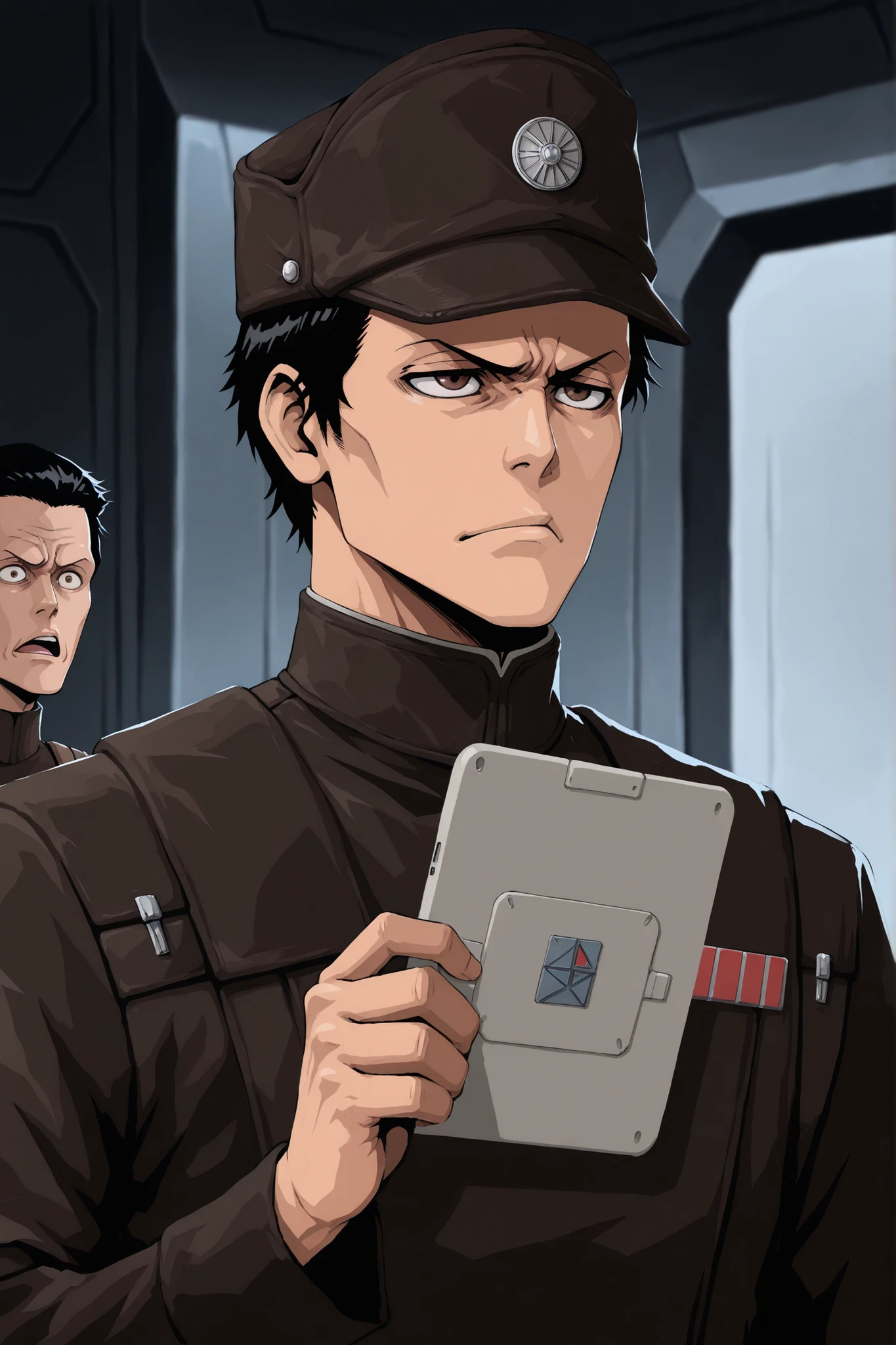 Masterpiece, 1male, mid 30s, Asian, Star Wars, long face, narrow eyes, neat black hair, brown eyes, Imperial Officer uniform and hat, annoyed expression, holding a data pad, upper body shot, Bleach art style,