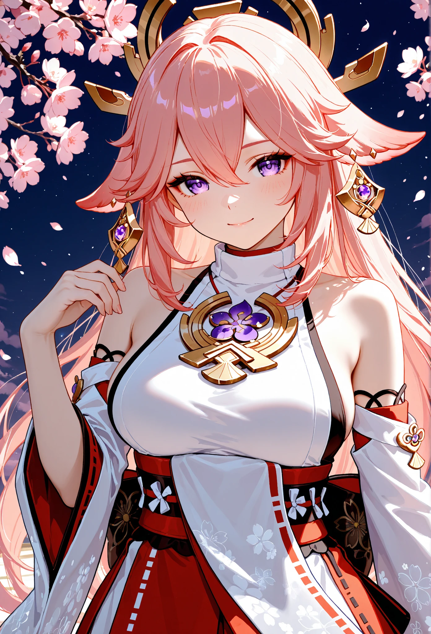 Yae Miko, 1girl, \n/, beast ear, cropped shoulders, Blushlush, beauty breast, SakuraNS, Closed-Mouth, the sleeve, 耳Nipple Ring, florals, Fox ears, Pedras preciosas, Hair between the eyes, hair adornments, Raise Hand, Daily service,jewely,komono,long whitr hair,looking at viewert,mediuml breasts,shrine maiden,Non-traditional witches,a pink eyes,Pink flowers,with pink hair,purple gemstone,short-length kimono,Lateral hair,ssmile,独奏,full bodyesbian,Kimono with white,The picture looks up,Barefoot,Bare chest((tmasterpiece) )