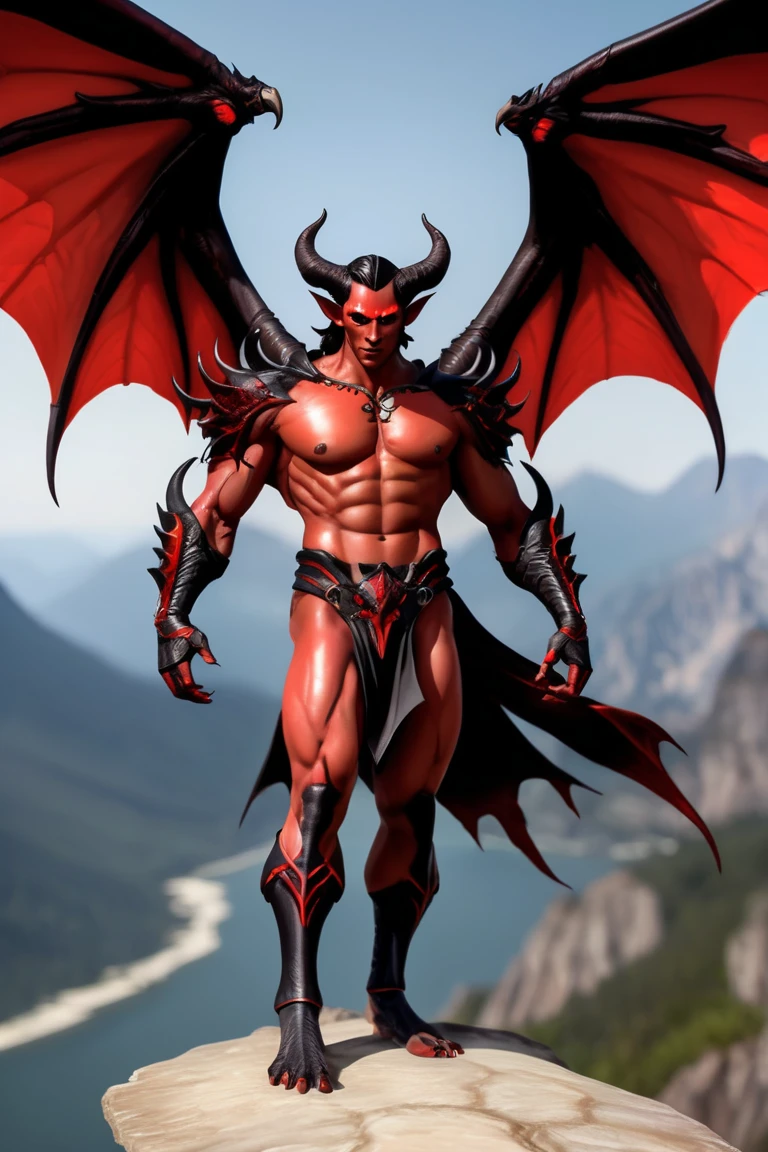 A red skinned demon, pointy tail, clothes, fantasy, cambion, small horns from the front of the the head, yellow eyes, full body, male, demon, red and black pointed wings, pointed ears