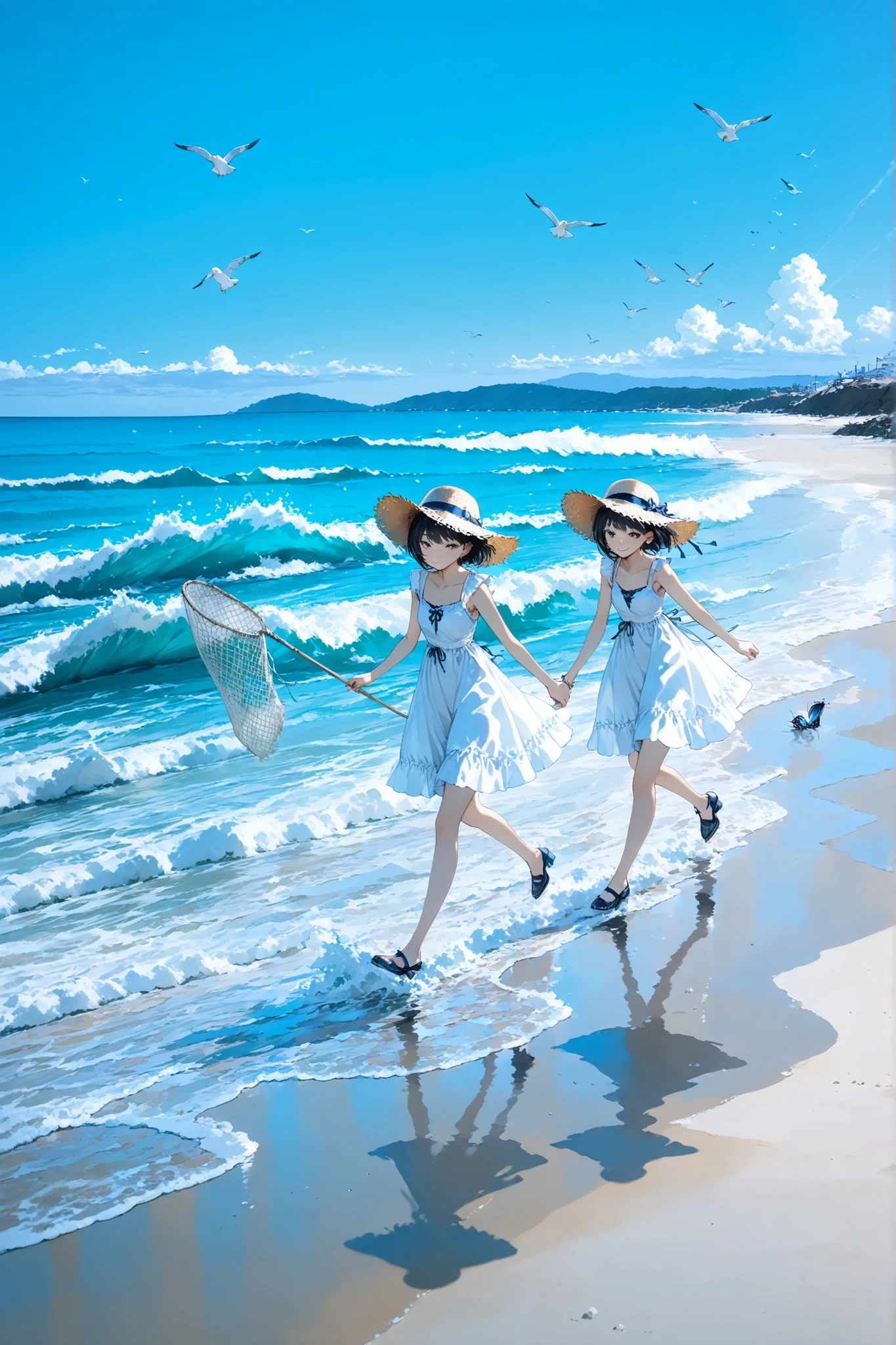 top quality, Photo Quality, 8k Resolution, Girl, Running hand in hand, innocent smile, short hair, Summer Dress, straw hat with bug net, Seaside Promenade , Blue sky and sea, white sand beach,  seagulls, wave splashes, Gentle light at dusk, nostalgic atmosphere