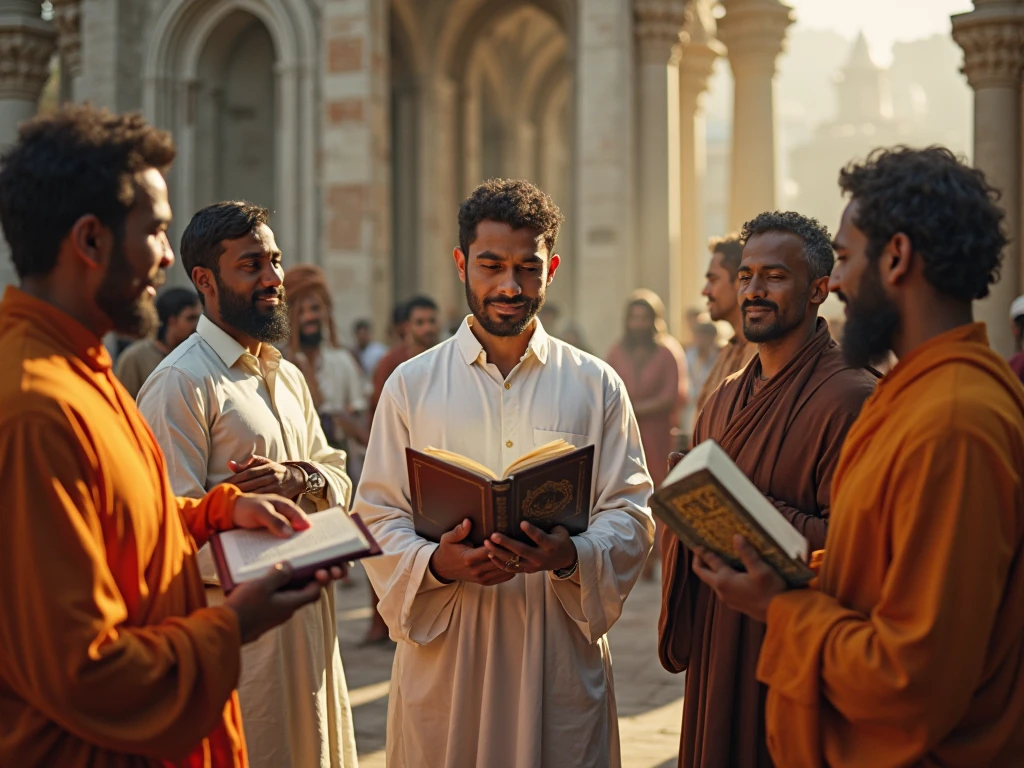 100 men smiling happily and wearing Muslim clothes. wear a sarong and cap. carry the Koran. they are in front of the building containing Quantum Qolbu