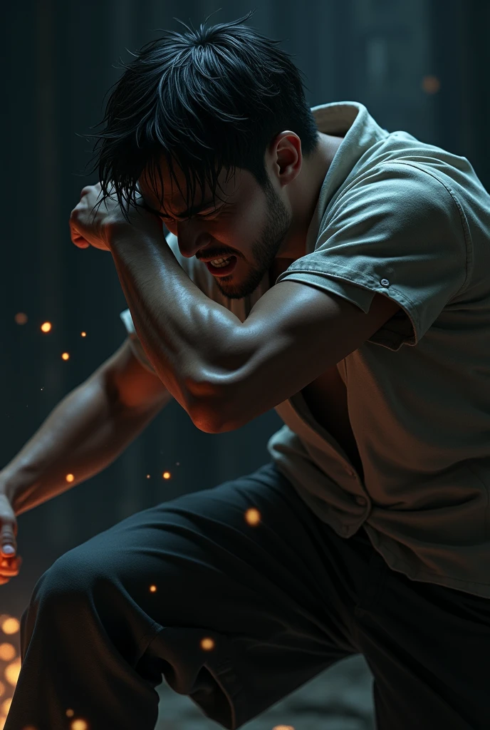 a man in a dog position,screaming and moving in a weird and jerky manner,highly detailed,cinematic lighting,dark and moody atmosphere,dramatic,horror,gritty,unsettling,intense emotion,psychological thriller,chiaroscuro lighting,deep shadows,dramatic contrast,visceral,raw,powerful,dynamic,unsettling,intense,disturbing,best quality,4k,8k,highres,masterpiece,ultra-detailed,realistic,photorealistic,photo-realistic