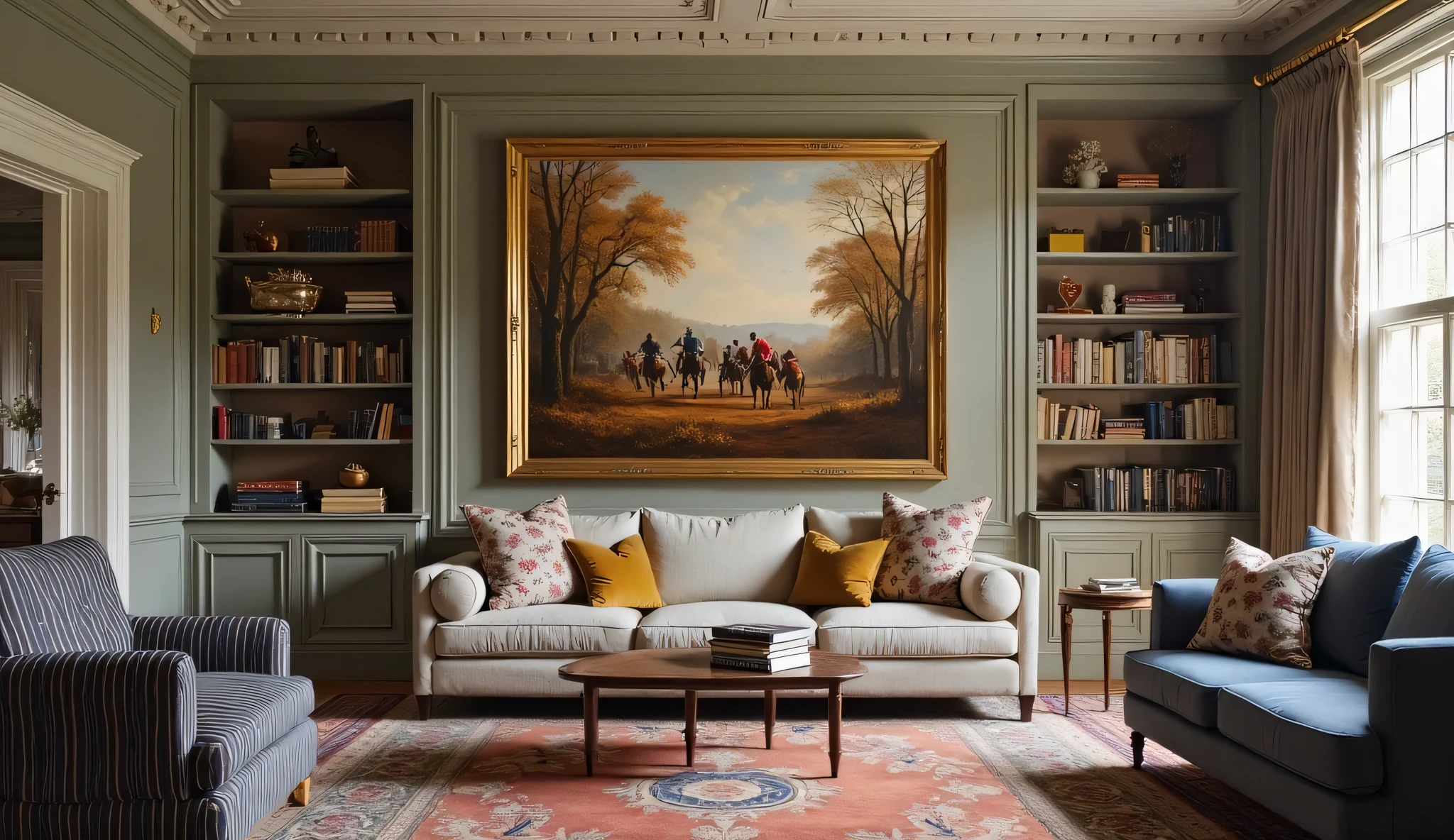 Create a late night scene, a castle room with high ceilings, dark green leather sofas next to the wide and large glass window, coffee table with computer and small vase with pink rose, dark brown curtains, floor pink marble, fireplace on the front wall, books on the sofa, television on the wall, very heavy rain outside, rain hitting the closed window,
