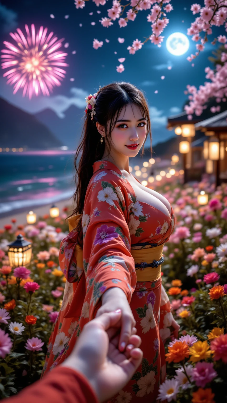 ((16K)),(masterpiece:1.3, Highest quality, Ultra-high resolution, Super detailed), (Realistic, photoRealistic:1.4), Perfect lighting, Depth of written boundary, Browsing Caution, Surrealism,Face Light,(( large breasts)),Beautiful detailed hair,((Beautiful eyelashes)), Beautifully detailed face, Beautiful fine details, Beautiful body, thin脚,Beautiful breasts, Beautiful feet, ((Beautiful nails)), ((Beautiful fingers)), thin, 1 girl, 23 years old,Perfect Face, Long eyelashes,Perfect Anatomy, Supermodel with a long neck,((Skinny1.3)),(Perfect Anatomy,Anatomically correct, Highly detailed skin), Shiny skin,((beautiful girl:1.1)),(Mid-length hair:1.4, Wavy Hair:1.2, half updo,Black Hair) ,((With bangs)),Dainty facial structure,((Happy smiling face with mouth wide open:1.3)),((Swayback stance:1.2)),female focus,((from below:1.1)),((wearing very elaborate (pink) yukata with traditional Japanese floral patterns:1.1)),The yukata is short in length, showcasing its vibrant and intricate design, Generate an image of a night sky with colorful fireworks being launched. The background should be filled with a variety of vibrant fireworks, creating a festive and celebratory atmosphere,Beautiful fireworks,((wide shot:1.3)),
