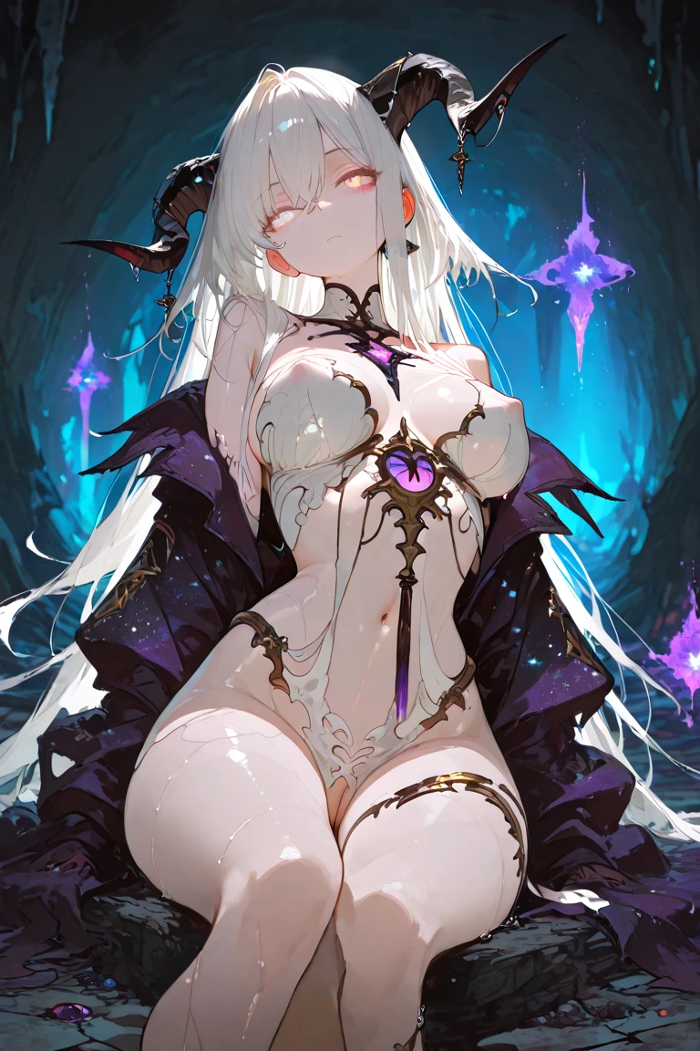 No panties, No clothes, Woman with open legs, White hair, a purple eye,is shy,exposing her chest,long whitr hair