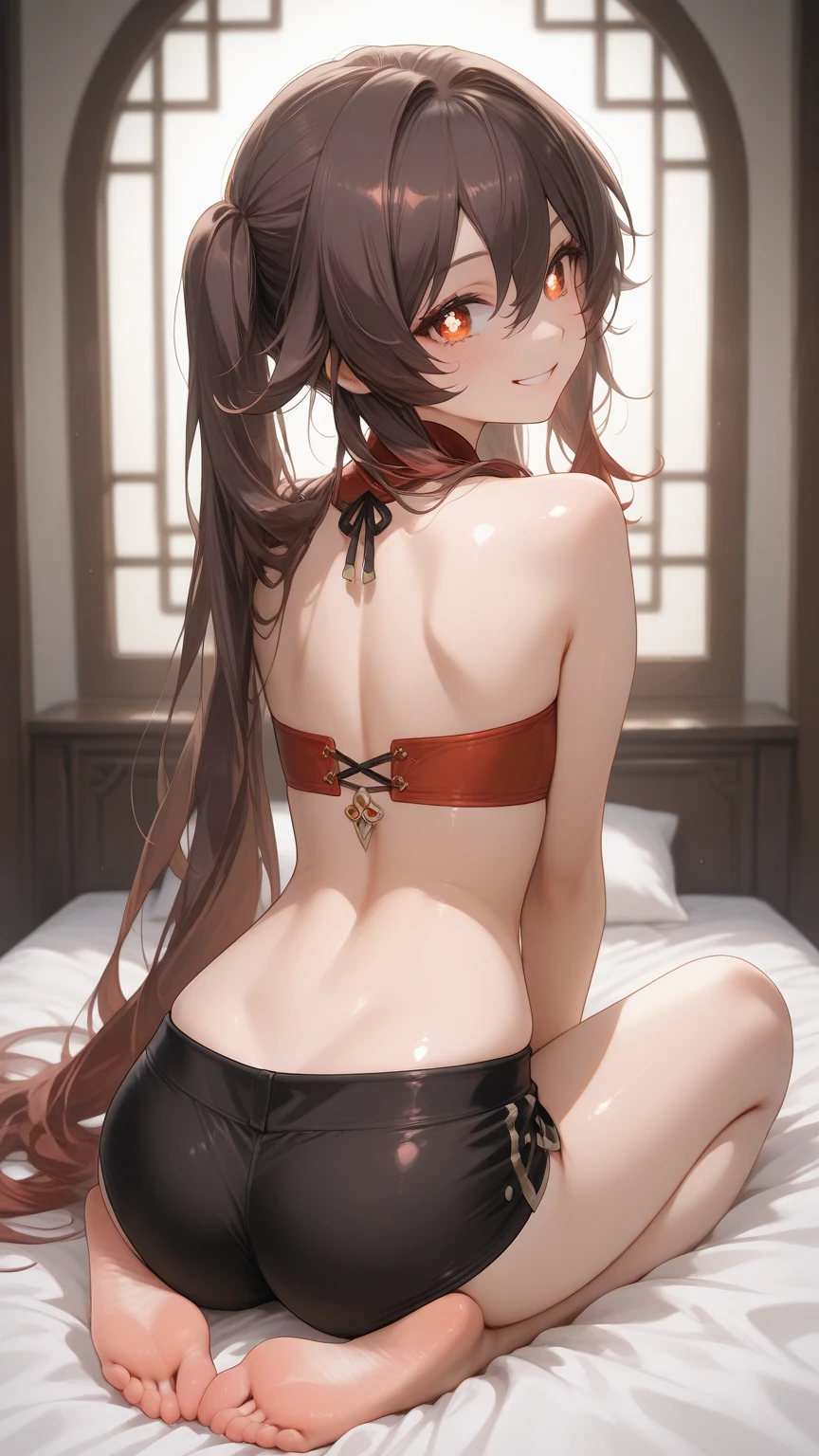 pokemonmay, pokemonmay, blue eyes, brown hair, bandana, long hair,bandana, twintails, hair between eyes, (small breasts:1.2),naked,stocking suspenders,black choker, BREAK looking at viewer, BREAK ,room,candles, night, silk bed, BREAK (masterpiece:1.2), best quality, high resolution, unity 8k wallpaper, (illustration:0.8), (beautiful detailed eyes:1.6), extremely detailed face, perfect lighting, extremely detailed CG, (perfect hands, perfect anatomy),bathrobe,no bra,no panties,without bra,without panties,vagina,nipples,standing, photo from behind,bend over,shows ass,small ass,on knees.