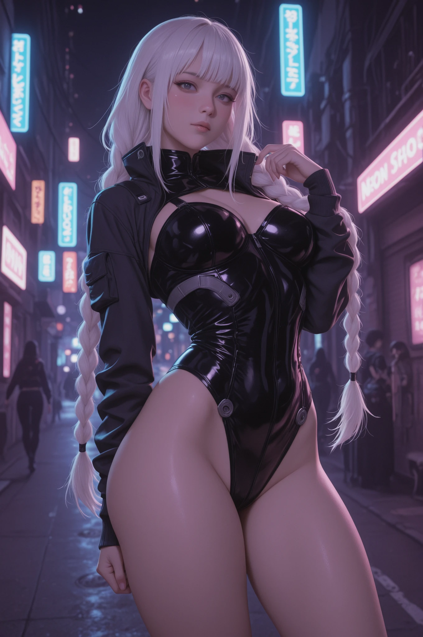 The character in the image is described as having long, flowing hair and futuristic attire with a mix of dark and light colors, including fur-like material. They exude confidence, sitting with one arm resting on a table and the other arm extended outward. The background shows a blurred cityscape at night with a visible moon, creating a serene and ethereal atmosphere. The soft, warm lighting highlights the character's features and adds to the overall mood of the scene.
