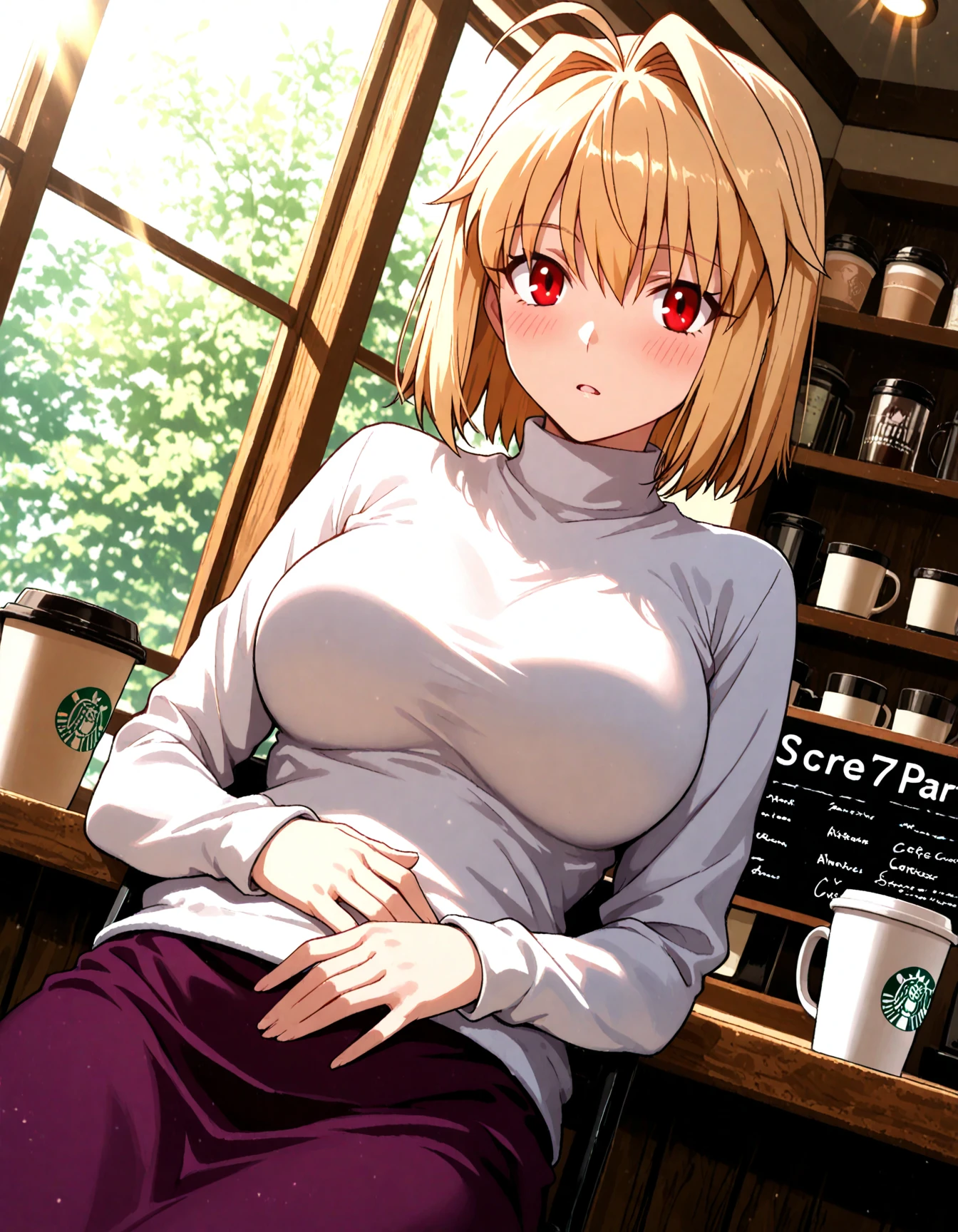 masterpiece, absurdres, best quality, ultra detailed, high Resolution, detailed illustration, bright colour, (extremely beautiful detailed face and eyes, Delicate beautiful face, 1 girl, cute face:1.3), (magenta eyes:1.1), sparkling eyes, big eyes, medium breasts, (perky breasts:1.1), (pointy breasts:1.1), medium hips, glamorous body, white skin, BREAK, long bob cut, (blonde hair:0.8), messy hair, detailed hair, shiny hair, BREAK (down blouse, hoodie, String Panties:1.3), perfect lighting, (embarrassed:1.3), (???????, vulgarity:1.5), (trembling:0.8), (Manga cafe:1.3),