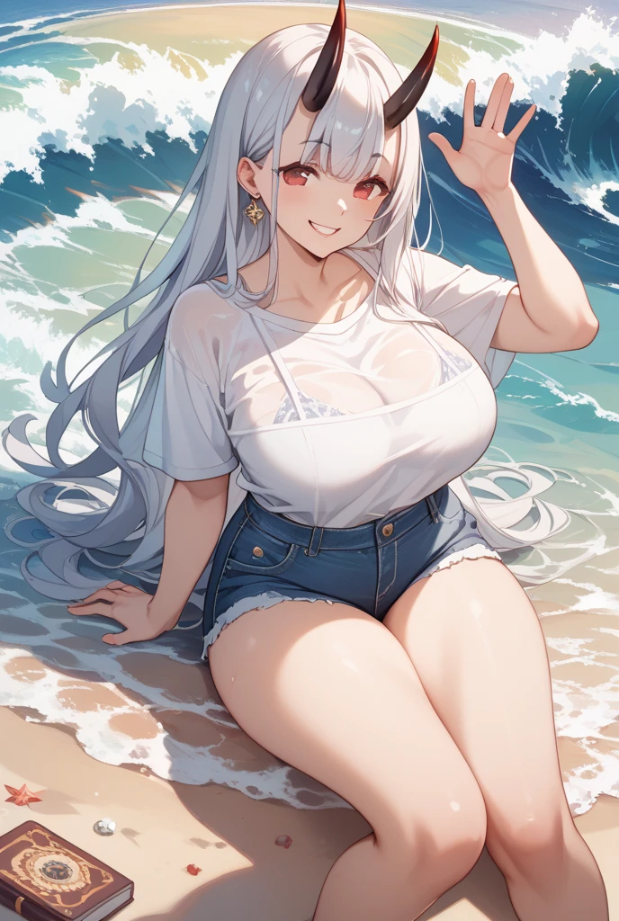 High resolution, high resolution,2D Anime Style,,Cool woman,Gal,tall,20th Generation,White hair long hair,Curly hair twin tails,Light blue eyes,Gal,Beautiful watch,Beautiful earrings,Lots of beautiful necklaces,White Bikini,Opened hoodie,He is smiling,Has fangs,whole body,Walking on the beach,