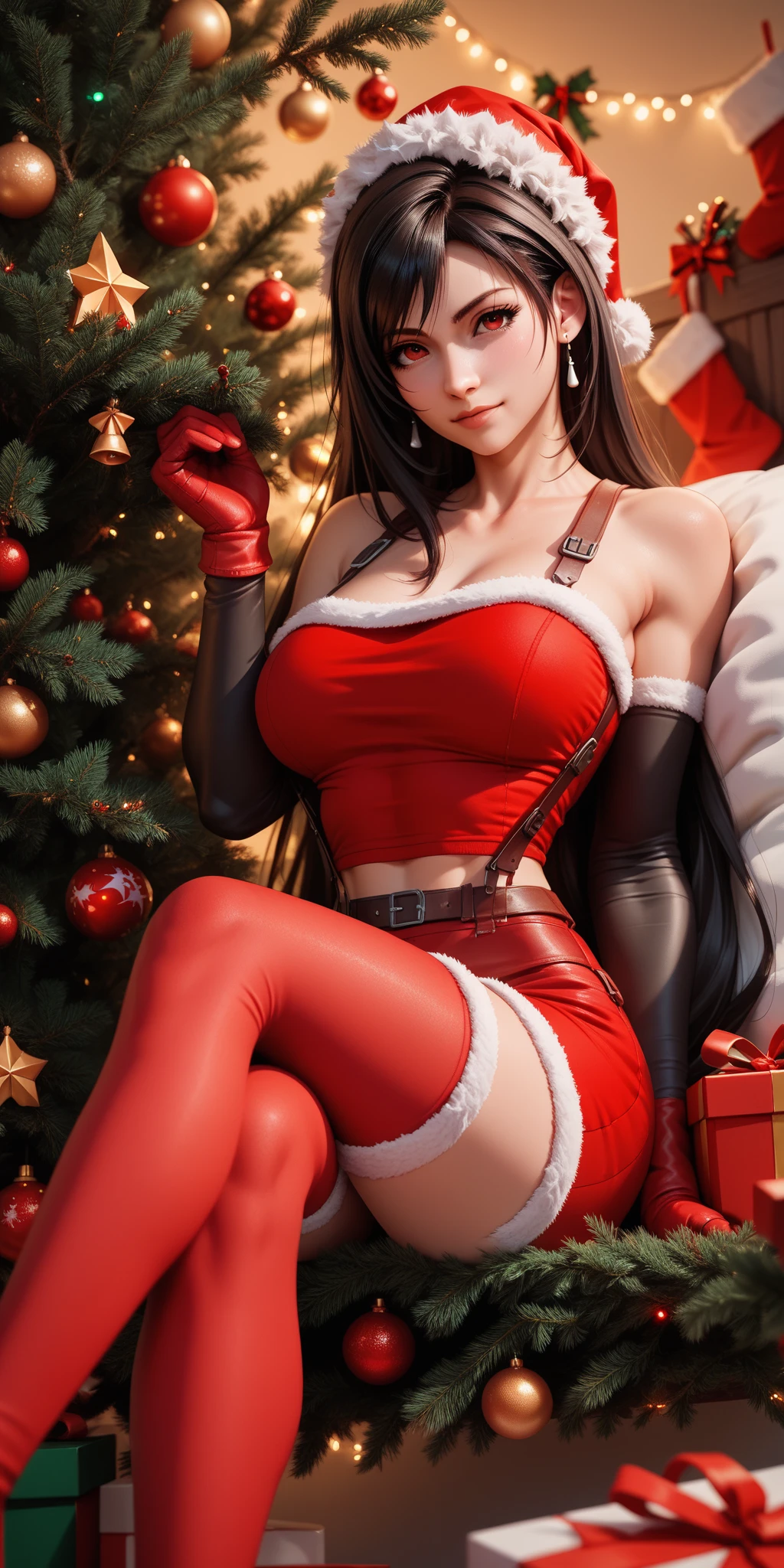 (((A woman surrounded by many luxurious gifts:1.7))),(((A woman crawls on all fours in bed holding a large present:1.7))),(((all-fours:1.3))),(((christmas tree night lighting:1.7))),(((santa claus cosplay women wallpaper:1.3))),a miniskirt,(The white part of the costume looks like fluffy snow,The red part is made of luxurious velvet material.).off shoulder with sleeves,(Emphasis on large breasts:1.3),(Short hair with shiny silver and orange stripes,Ponytail twisted buns adorned with elaborate braids and beads,Braided Setup Fishbone Hair,),(Bangs are see-through bangs),with round face,An attractive woman with a natural smile and charming expression,Transparent skin,(The 8k quality,masutepiece,top-quality,Ultra-high resolution output image,),(Highly detailed raw photos:1.3),(Image Mode Ultra HD),