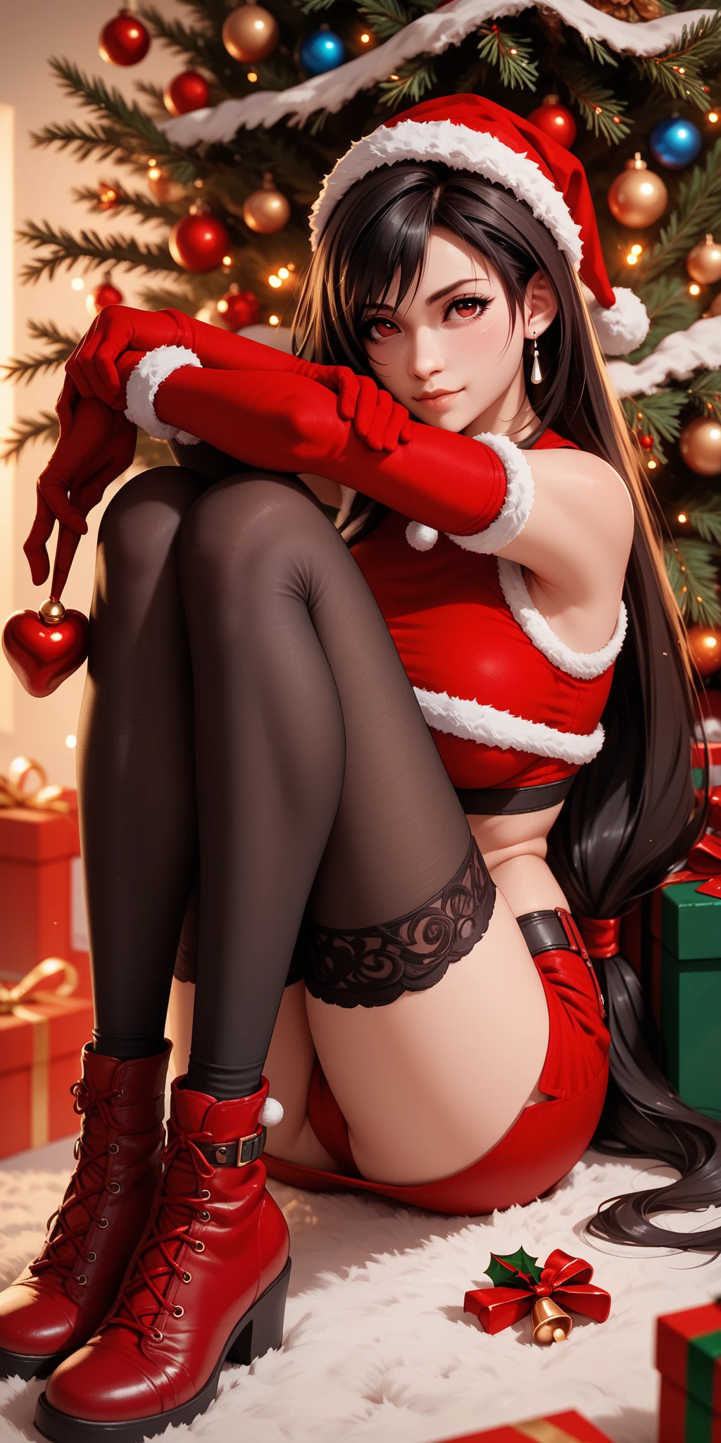 comlynx, 1girl, breasts, hat, choker, animal_ears, purple_eyes, full body, big tits, big butt, voluptuous, open legs, sexy pose, cleavage, Christmas hat, Christmas Clothes, snow, christmas lingerie, christmas coat, christmas stockings, christmas heels