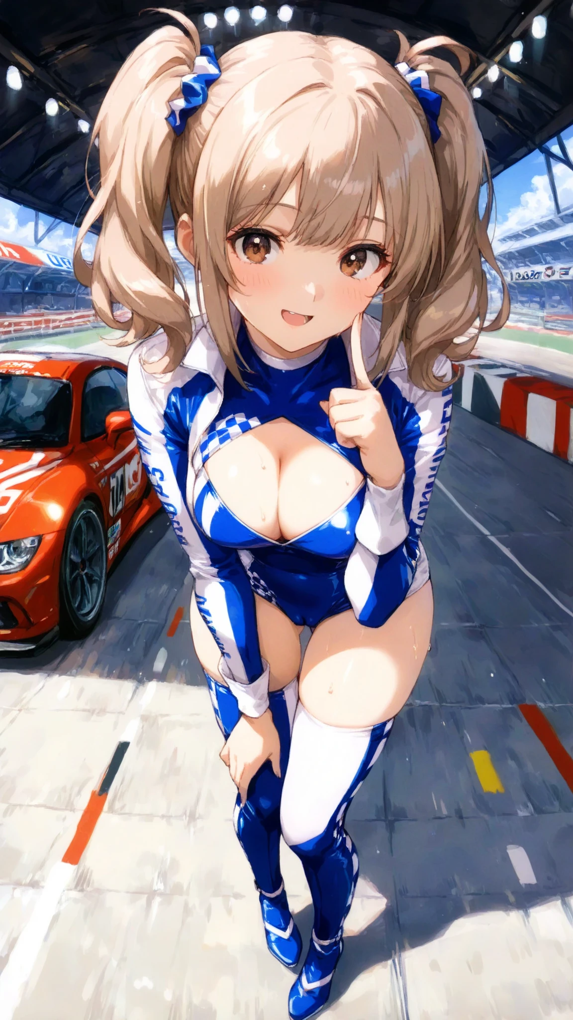 Highest quality,masterpiece,Auto racing circuit,Supermodel,Racy slingshot swimsuit,Checkered Flag,smile,Race Queen