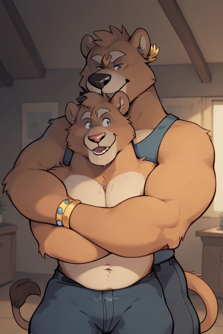 Bear, By Arashi Takemoto 1boy, animal ears, arms behind back, bara, belt, blush, breath, denim, Bear boy, Bear ears, furry, furry male, grabbing, groping, interspecies, jeans, large pectorals, male focus, multiple boys, muscular, muscular male, pants, pectorals, taut, upper body, yaoi, belly, obese, angry face