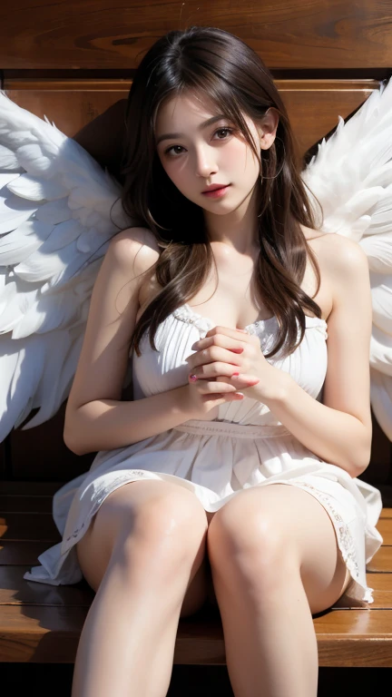 masterpiece, highest quality, Very detailed, 16k, Ultra-high resolution, Cowboy Shot, 14-year-old female, Detailed face, Perfect Fingers, Angel halo on head, Golden Eyes, blonde, short hair, (naked:1.3), Angel wings on the back, Above the Clouds, temple, bed, lying, (show off pussy:1.3), (Open pussy:1.3), spread legs, legs up
