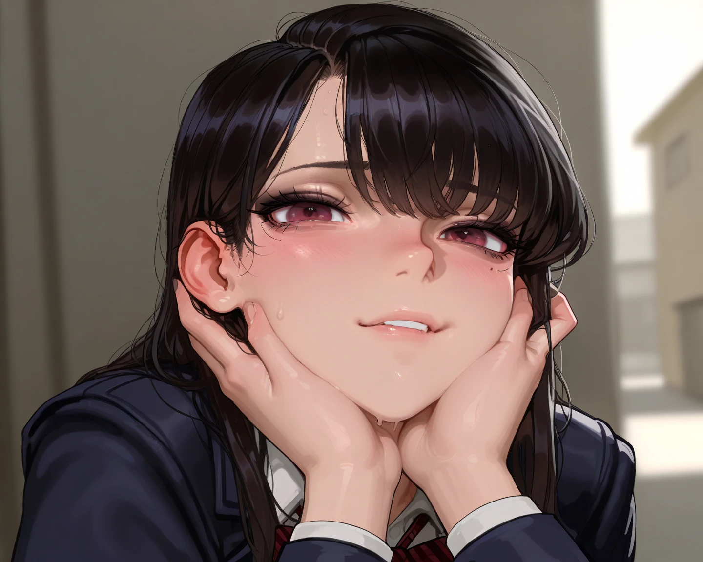 A woman with a growing penis　A woman in a school uniform wearing a shiny black high-cut rubber suit