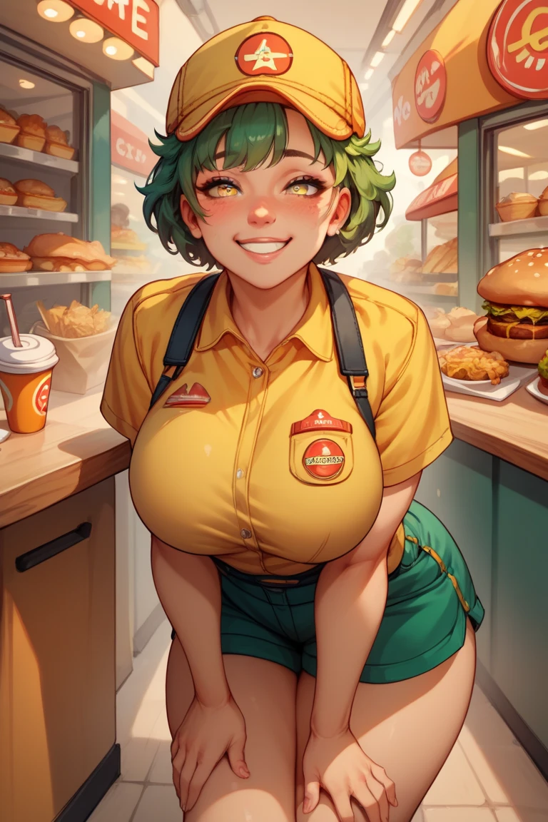 score_9, score_8_up, score_7_up, score_6_up, score_5_up, score_4_up, (source_anime), mcdonald, yoru mac, big breast, sagging breast, mother, mature, Slim waist, thick thighs, Sitting at a table, McDonald's uniform, Redhead, short hair, shy, nipples, sauce on Breasts, bbc, fat pussy