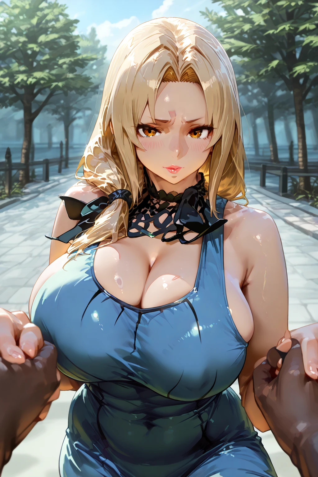 (8k, raw photo, best quality, masterpiece:1.2), (intricate details), perfect eyes, perfect face, perfect lighting, beautiful, (masterpiece:1.2), (best quality:1.2), 1 Teenager, hair beautiful, ((touching her breasts with her hand)), adult torso, 17 years old, slight smile, smiling, very big breasts, huge breasts, giant breasts, huge breasts, huge breasts, huge breasts, huge breasts (wearing a colored dress white, wearing a purple skirt, dress with great neckline, tight dress)) big breasts, big breasts big breasts, big breasts, big breasts, pretty eyes, huge breasts, giant breasts, great cleavage, huge breasts, huge breasts, giant breasts , full body (big, pretty breasts, colossal breasts, giant breasts, big breasts big breasts, big breasts, big breasts, blushing woman, blushing woman, blushing woman, Always looking at the viewer., ((very, very big breasts)) , breasts about to burst, very beautiful and warm colors, wide open eyes, white skin color, bright colors, detailed eyes, (( in a park in France during the day))