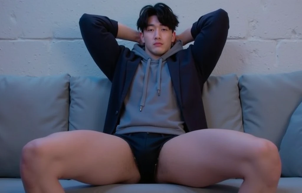 Korean man, smile,wear Cat hoodie, muscular body, underwear sitting at Theme park 