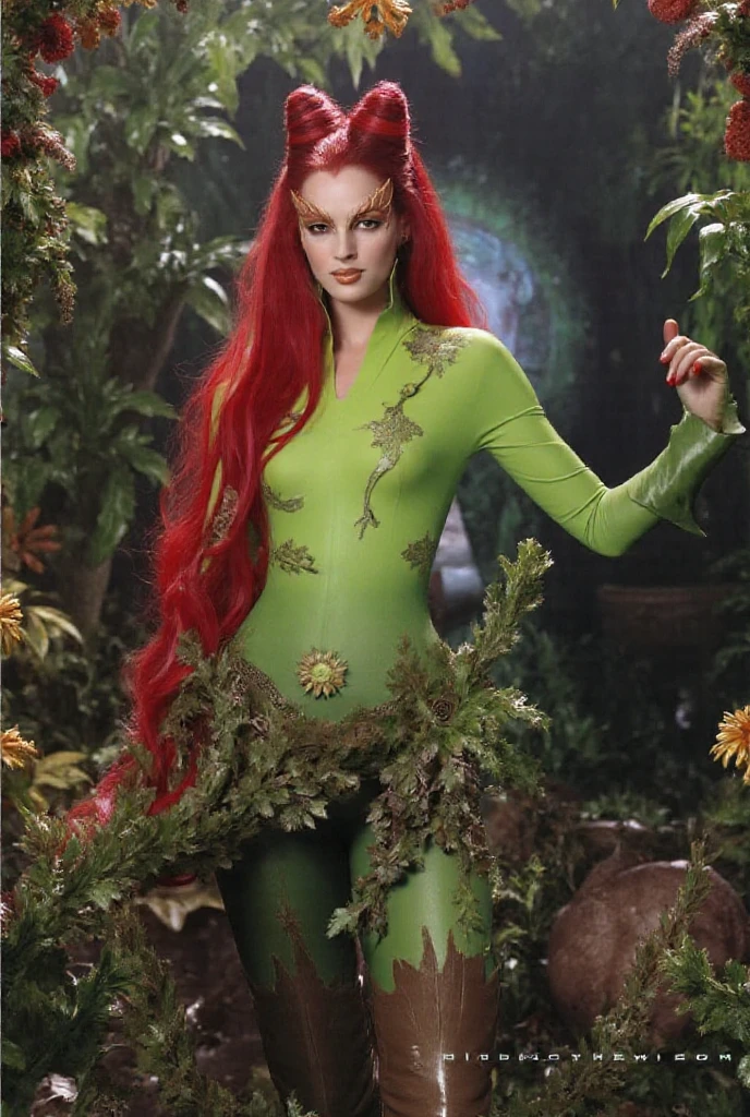 Nina Dobrev as poison ivy, (green body paint), shy, embarassed, (((hands covering body))), (standing) on stage, perfect legs